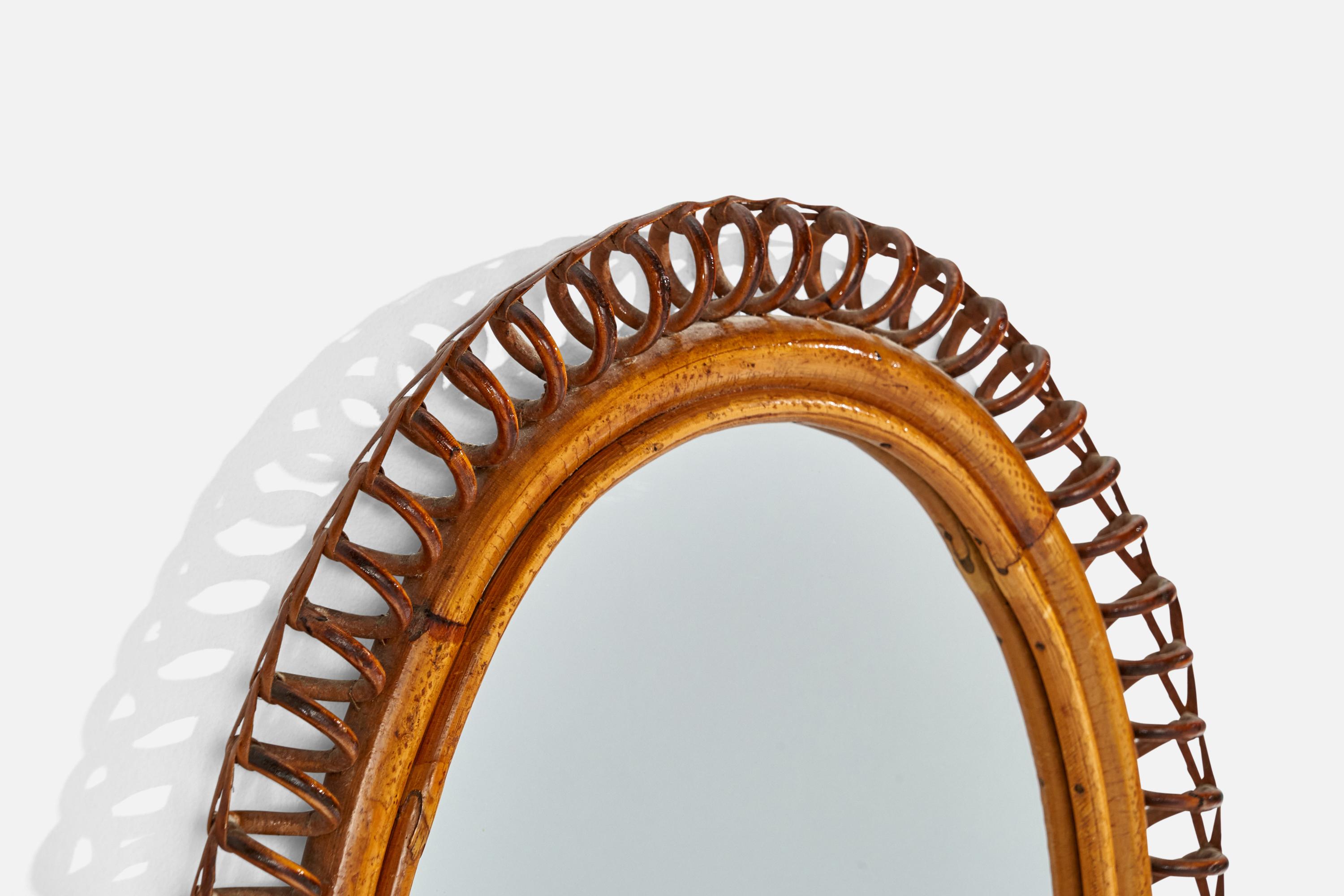 Italiano Specchio da parete di design italiano, bambù, rattan, vetro a specchio, Italia, anni '50 in vendita