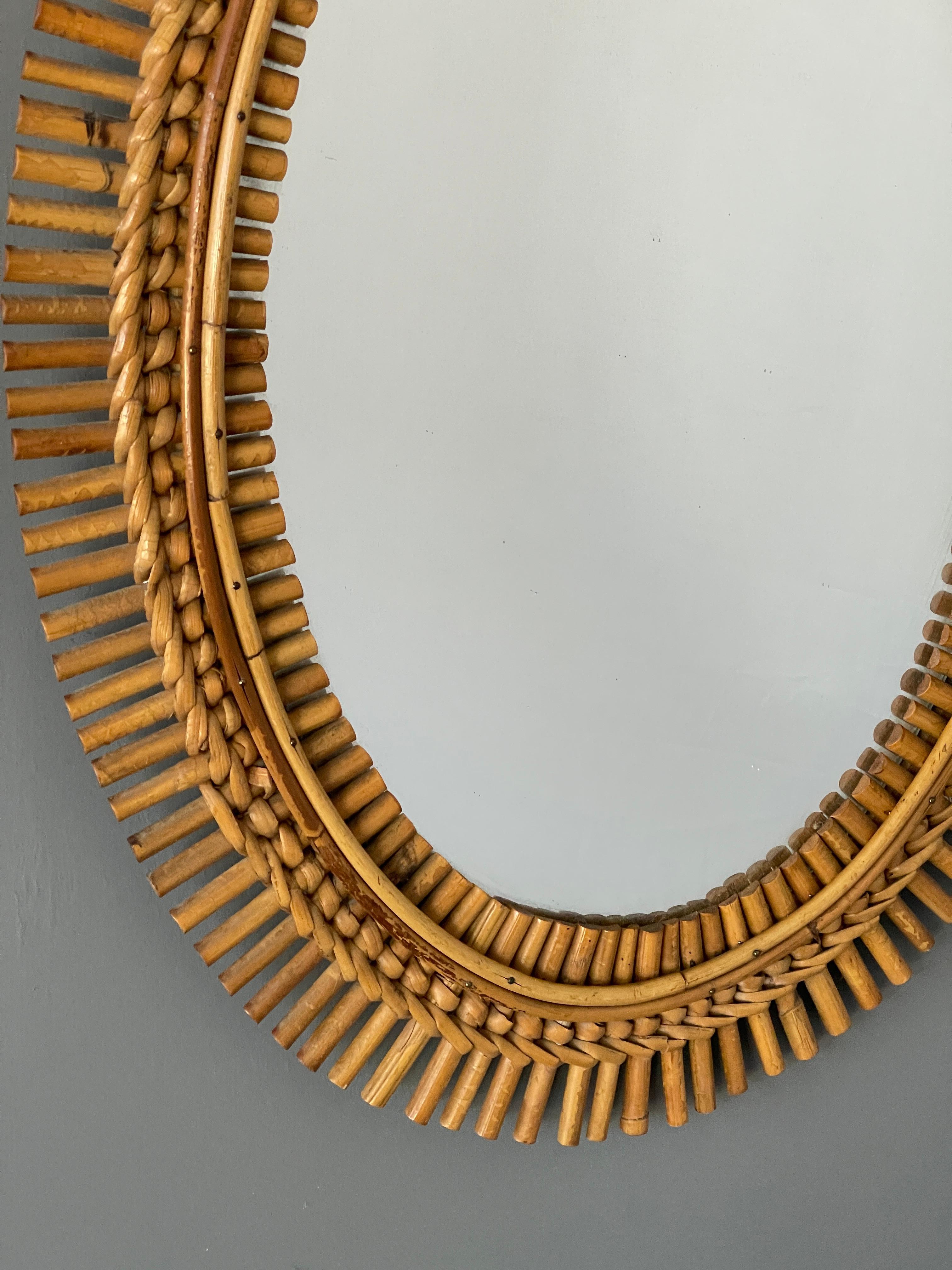 Mid-20th Century Italian Designer, Wall Mirror, Bamboo, Rattan, Mirror Glass, Italy, 1950s