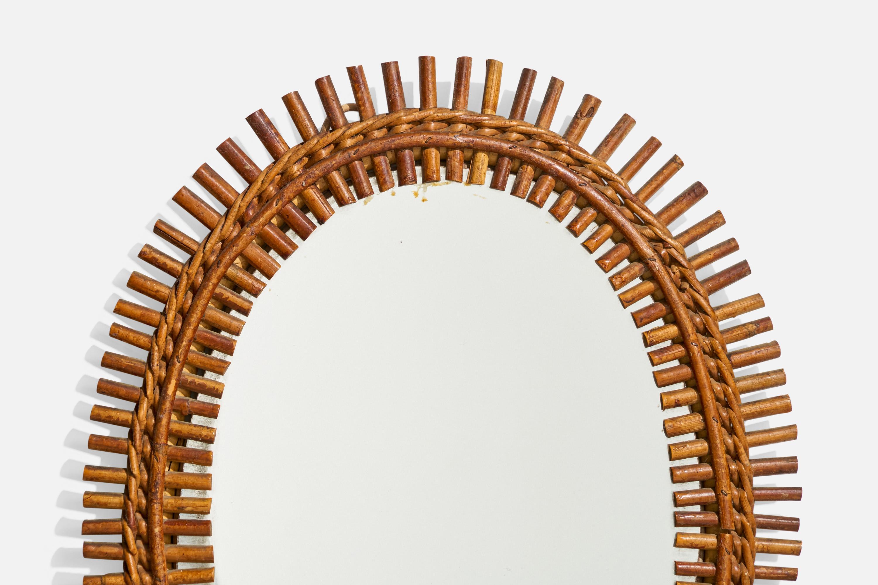 Milieu du XXe siècle Miroir mural de designer italien, bambou, rotin, verre de miroir, Italie, années 1950 en vente