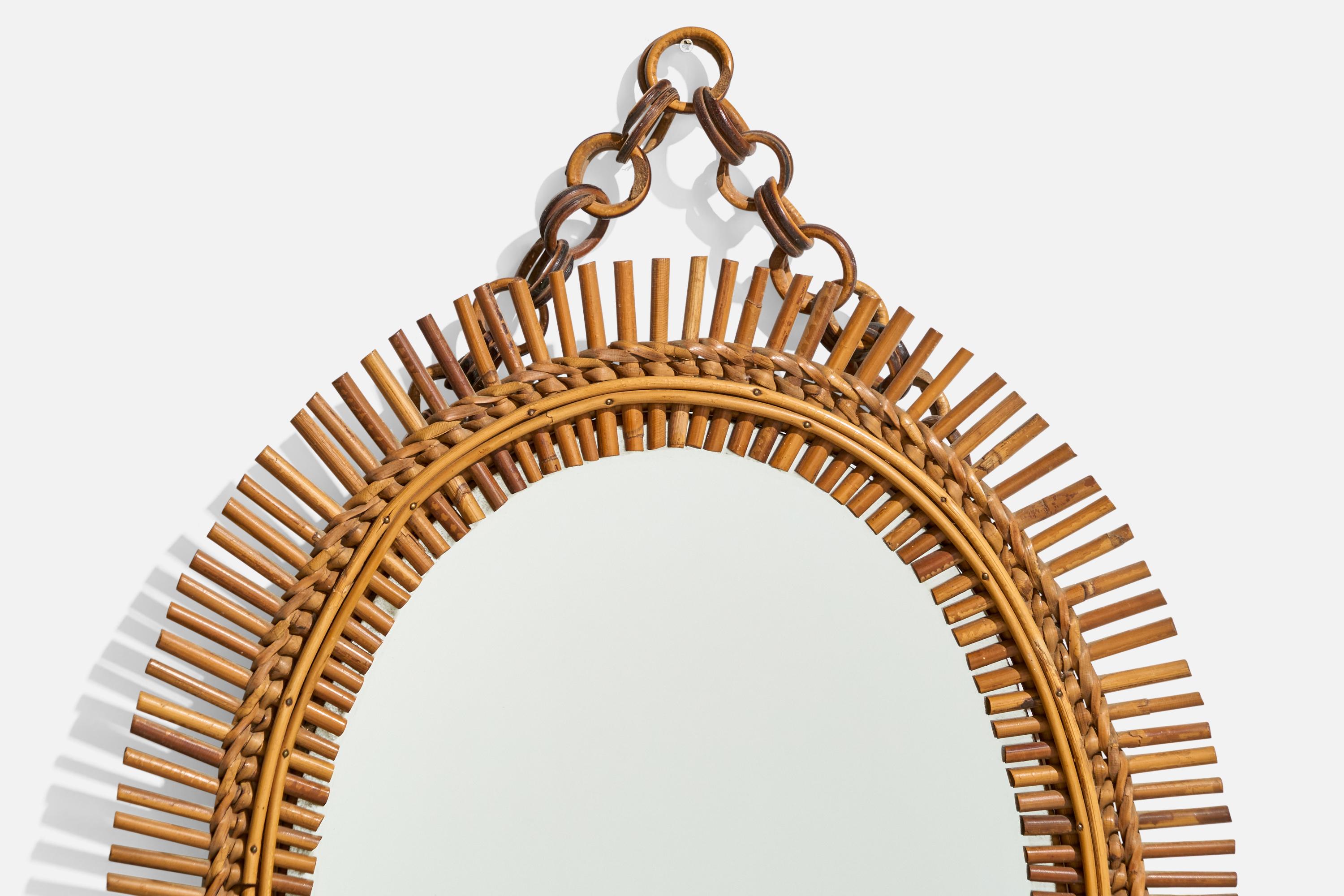 Milieu du XXe siècle Miroir mural de designer italien, bambou, rotin, verre de miroir, Italie, années 1950 en vente