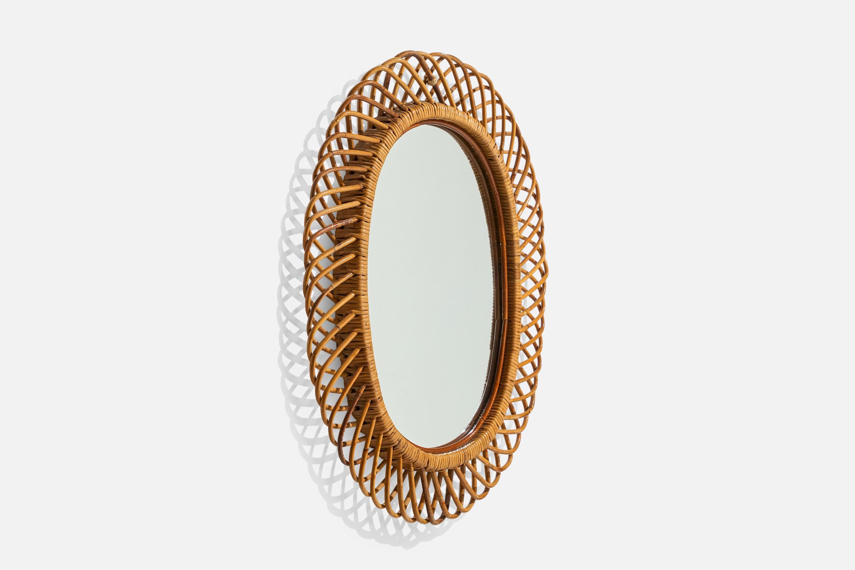 Mid-Century Modern Miroir mural de designer italien, bambou, rotin, verre de miroir, Italie, années 1950 en vente