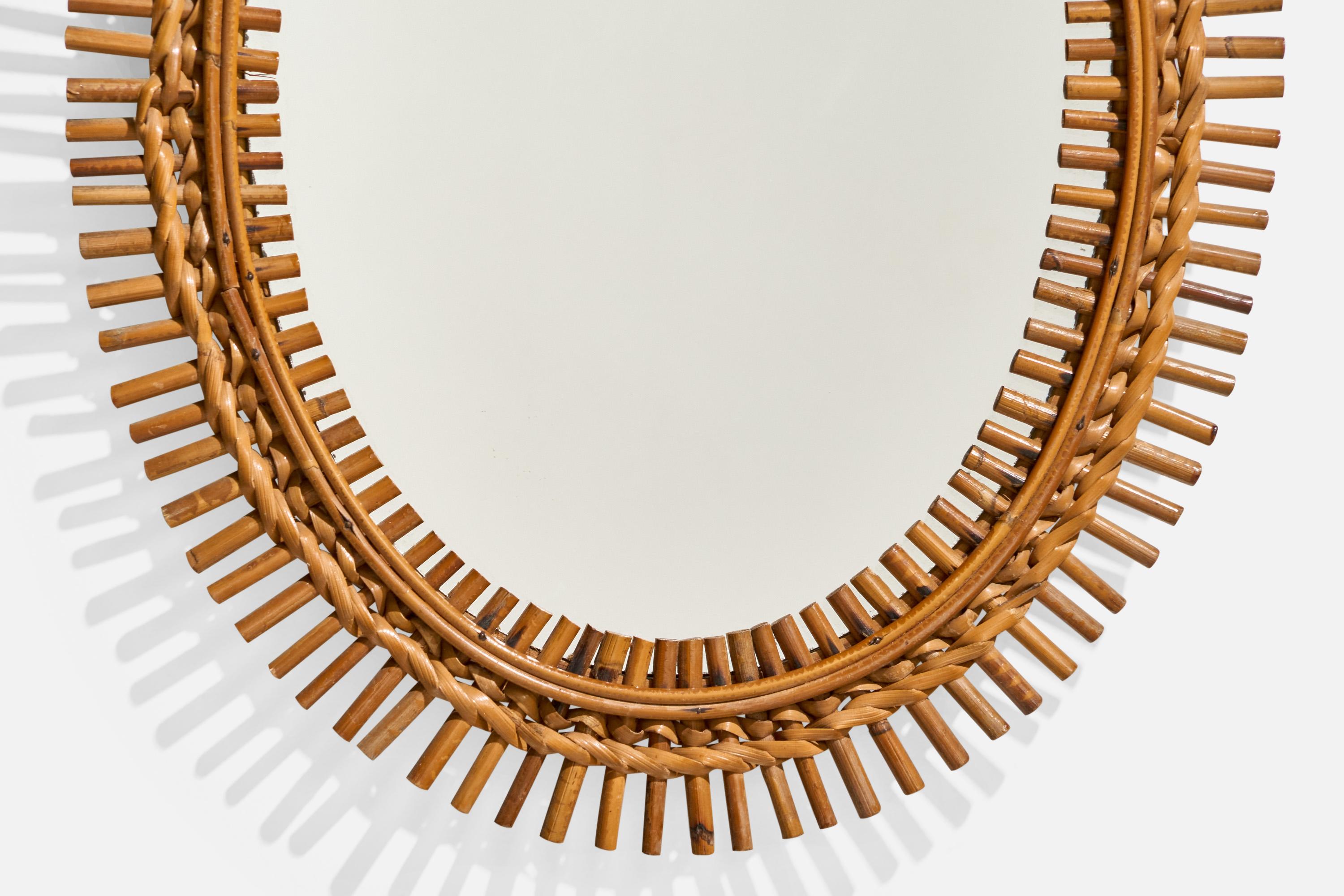 Metà XX secolo Specchio da parete di design italiano, bambù, rattan, vetro a specchio, Italia, anni '50 in vendita