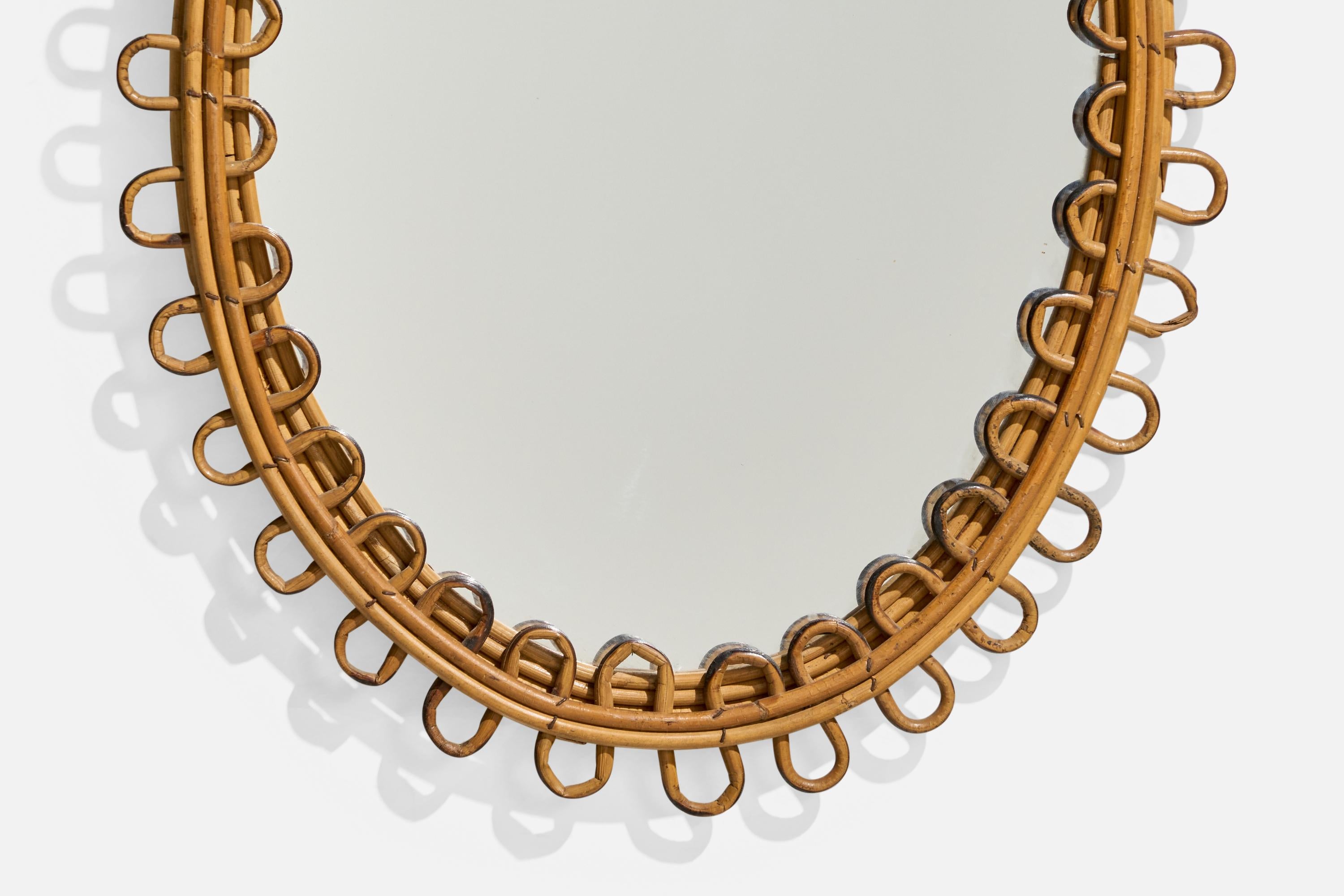 Metà XX secolo Specchio da parete di design italiano, bambù, rattan, vetro a specchio, Italia, anni '50 in vendita