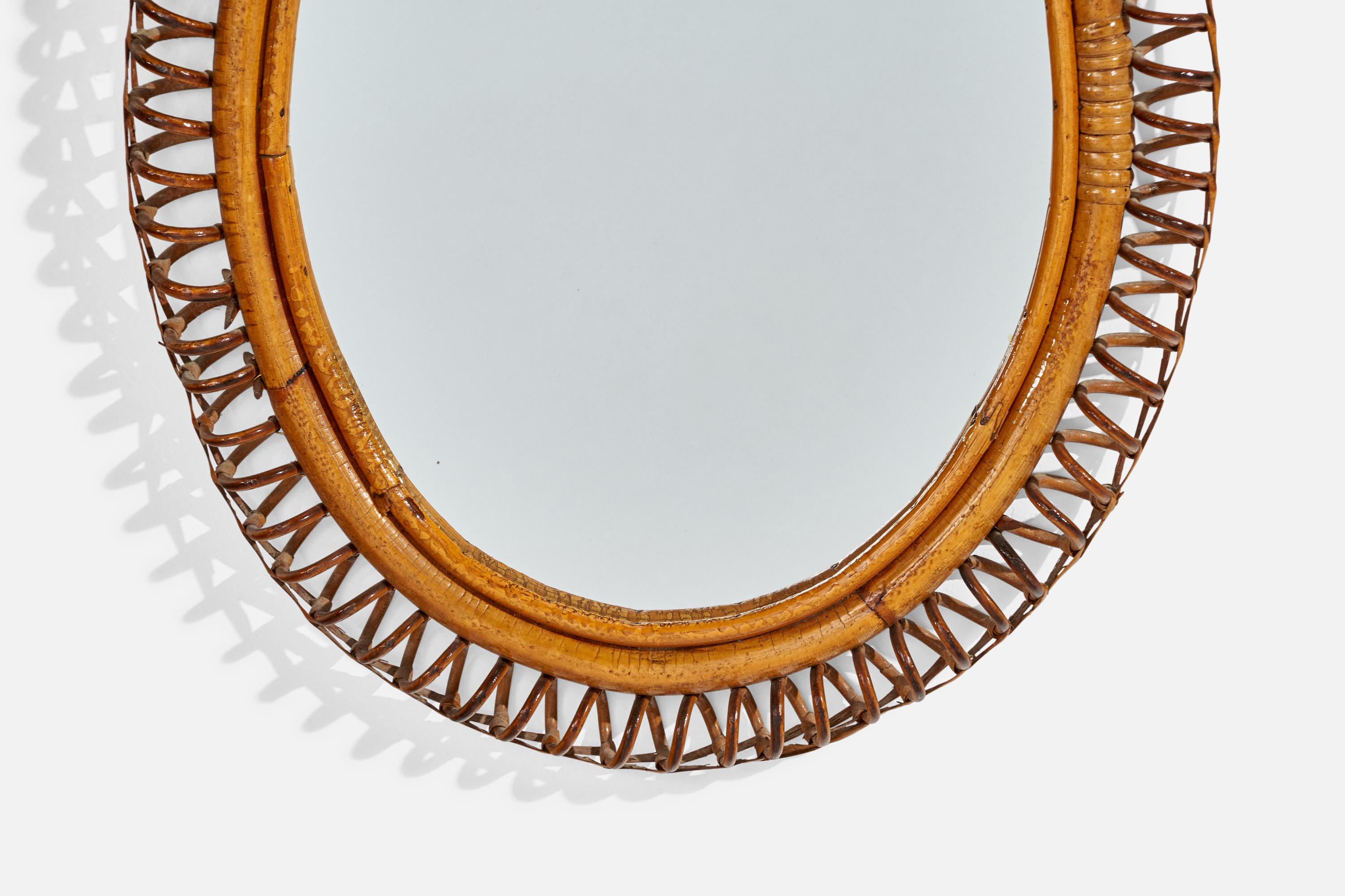 Metà XX secolo Specchio da parete di design italiano, bambù, rattan, vetro a specchio, Italia, anni '50 in vendita