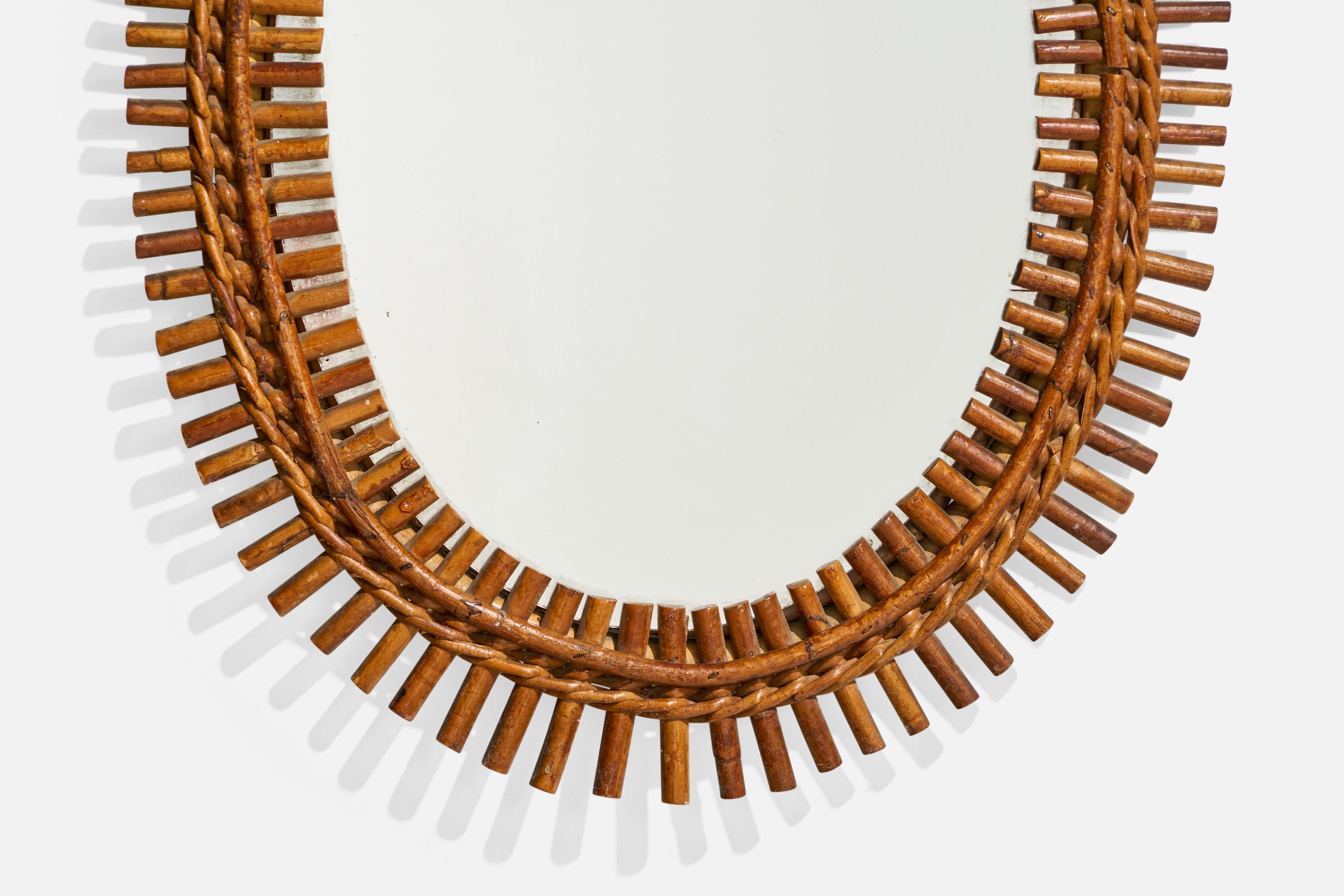 Rotin Miroir mural de designer italien, bambou, rotin, verre de miroir, Italie, années 1950 en vente