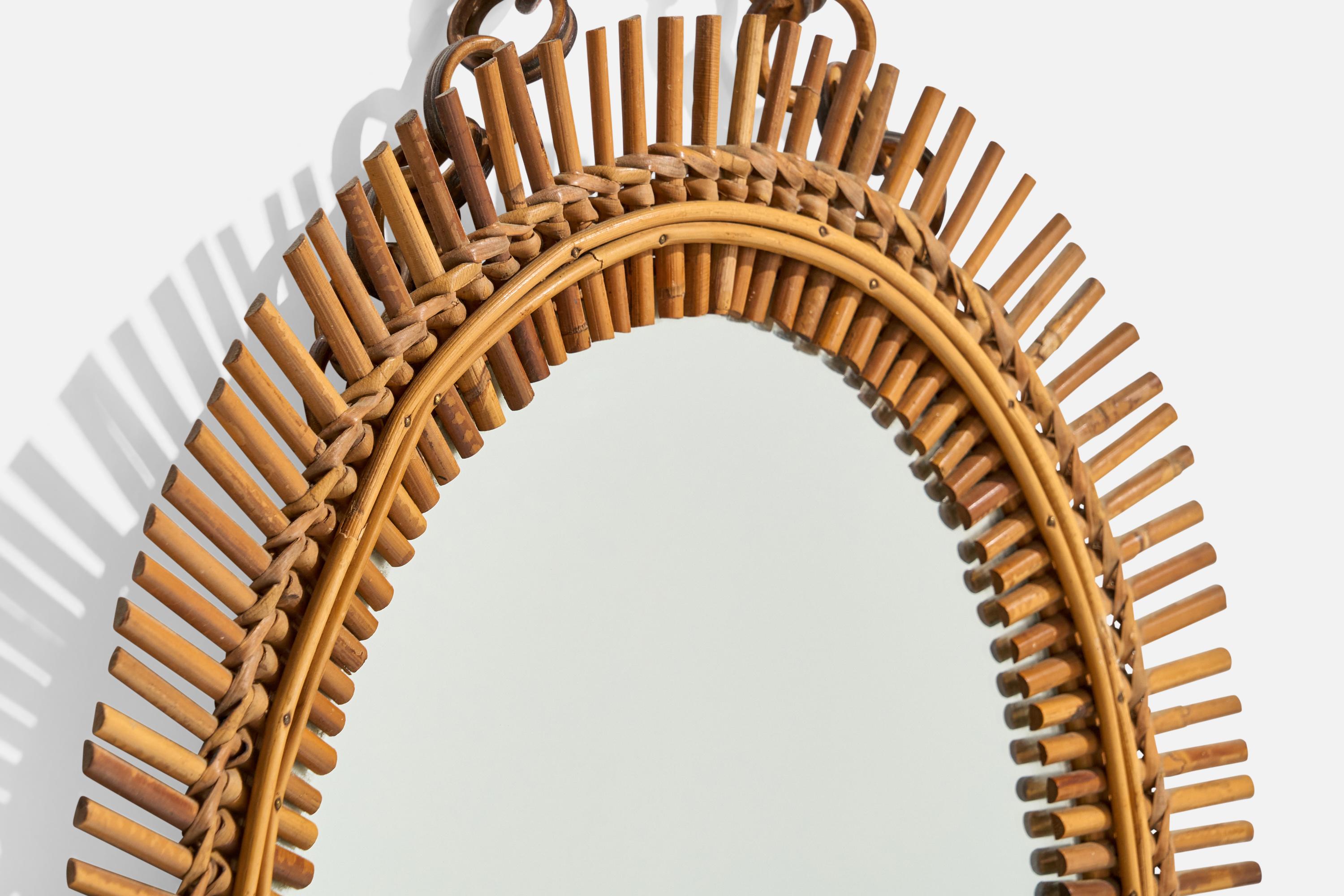 Rotin Miroir mural de designer italien, bambou, rotin, verre de miroir, Italie, années 1950 en vente