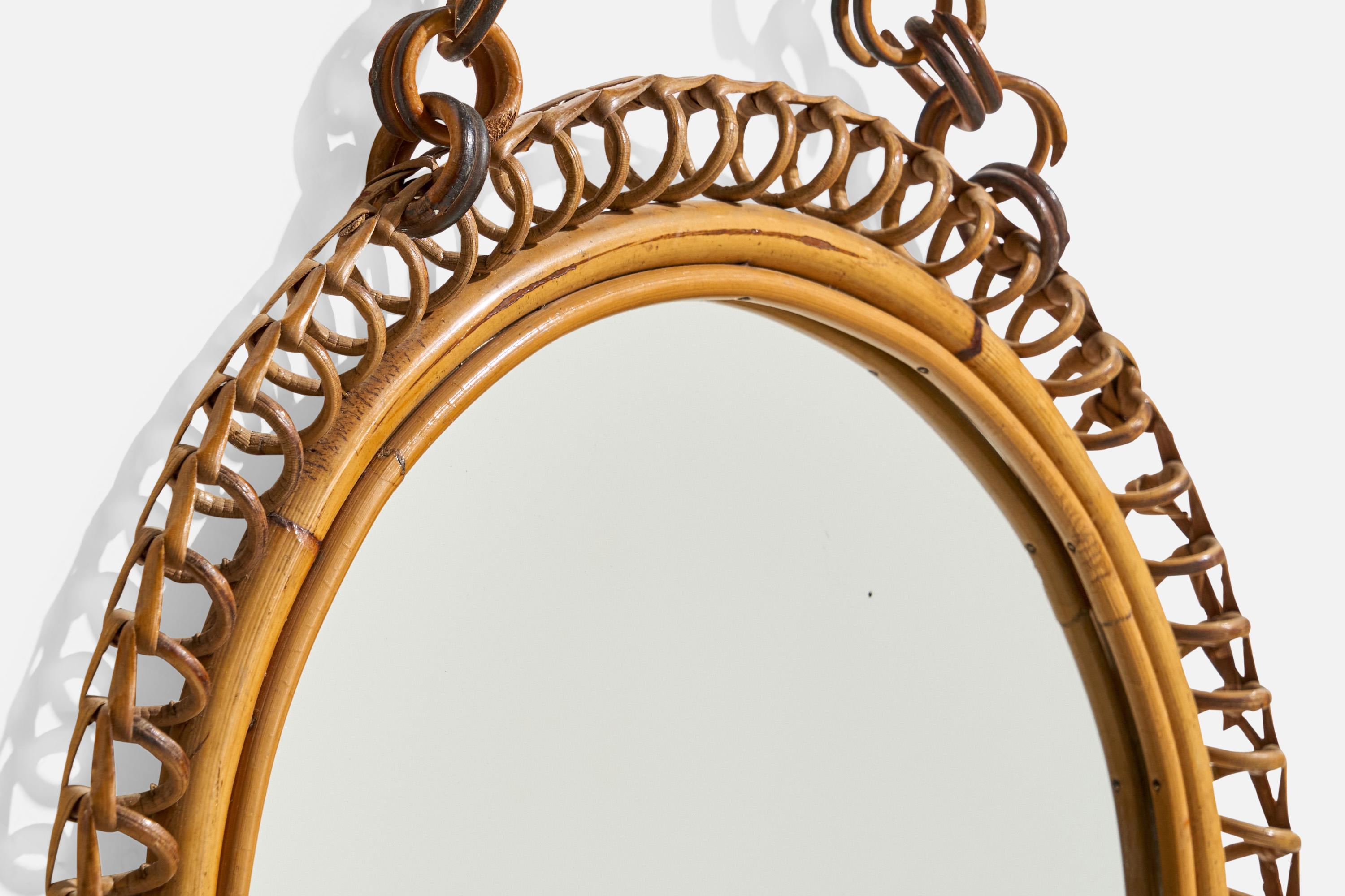 Miroir mural de designer italien, bambou, rotin, verre de miroir, Italie, années 1950 en vente 1