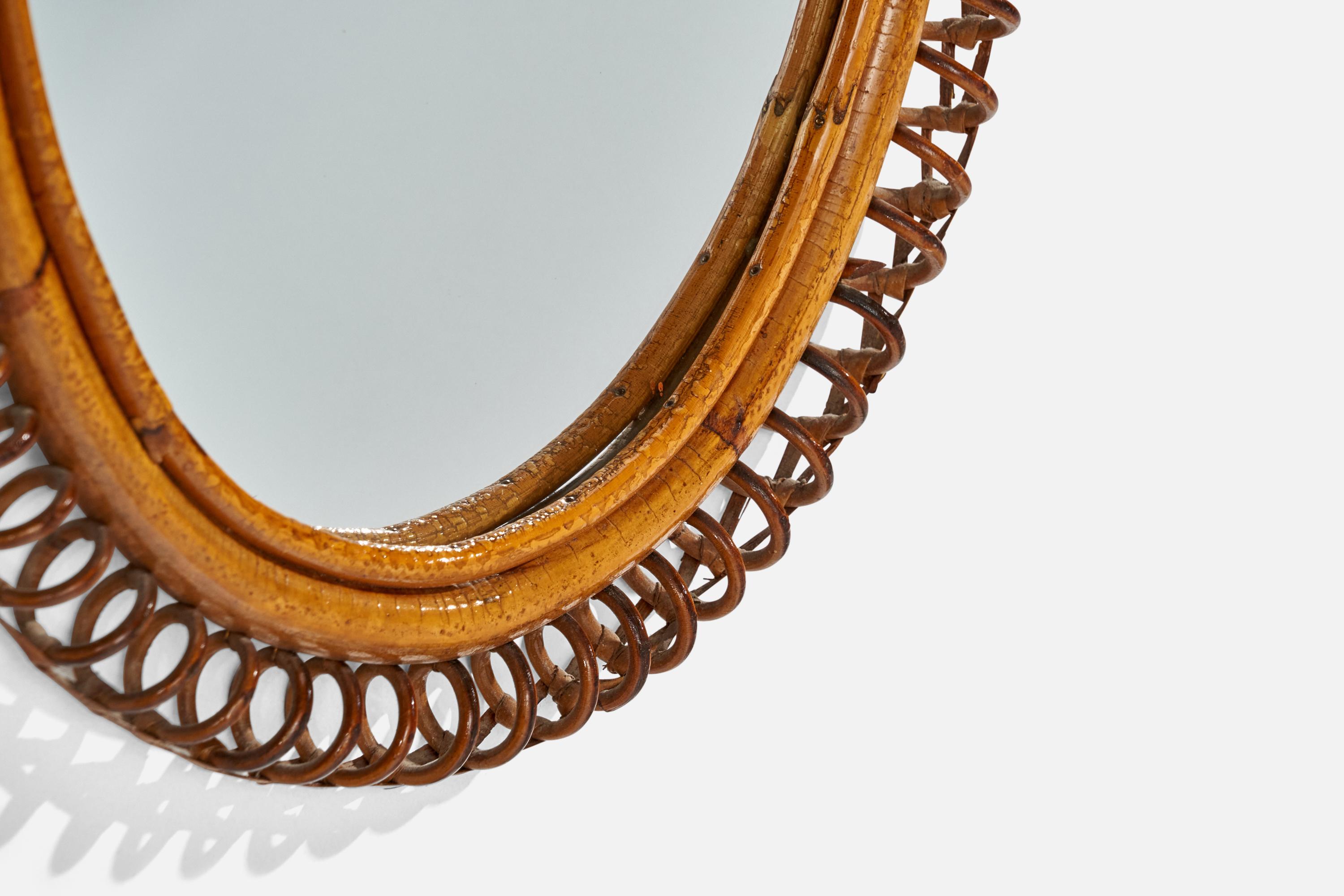 Rattan Specchio da parete di design italiano, bambù, rattan, vetro a specchio, Italia, anni '50 in vendita