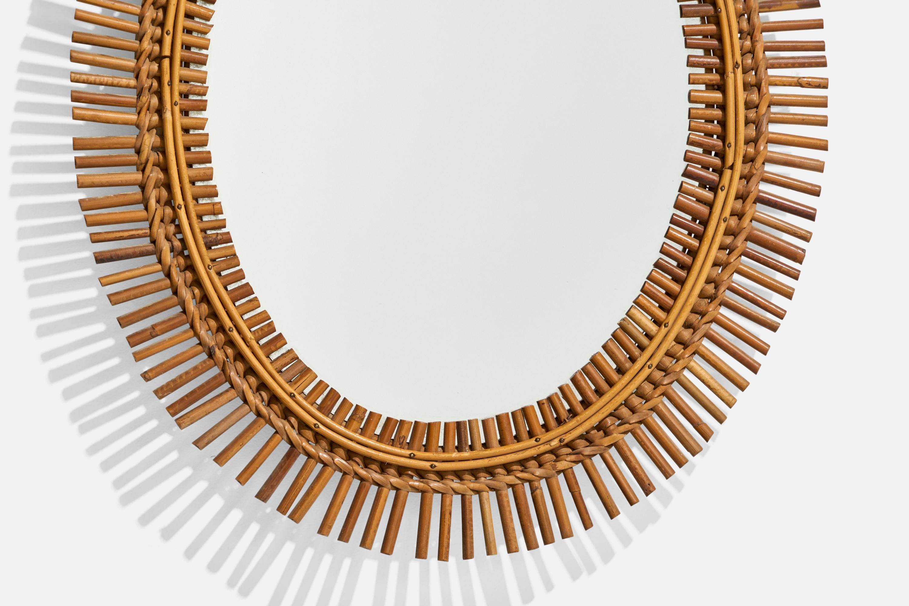Miroir mural de designer italien, bambou, rotin, verre de miroir, Italie, années 1950 en vente 1
