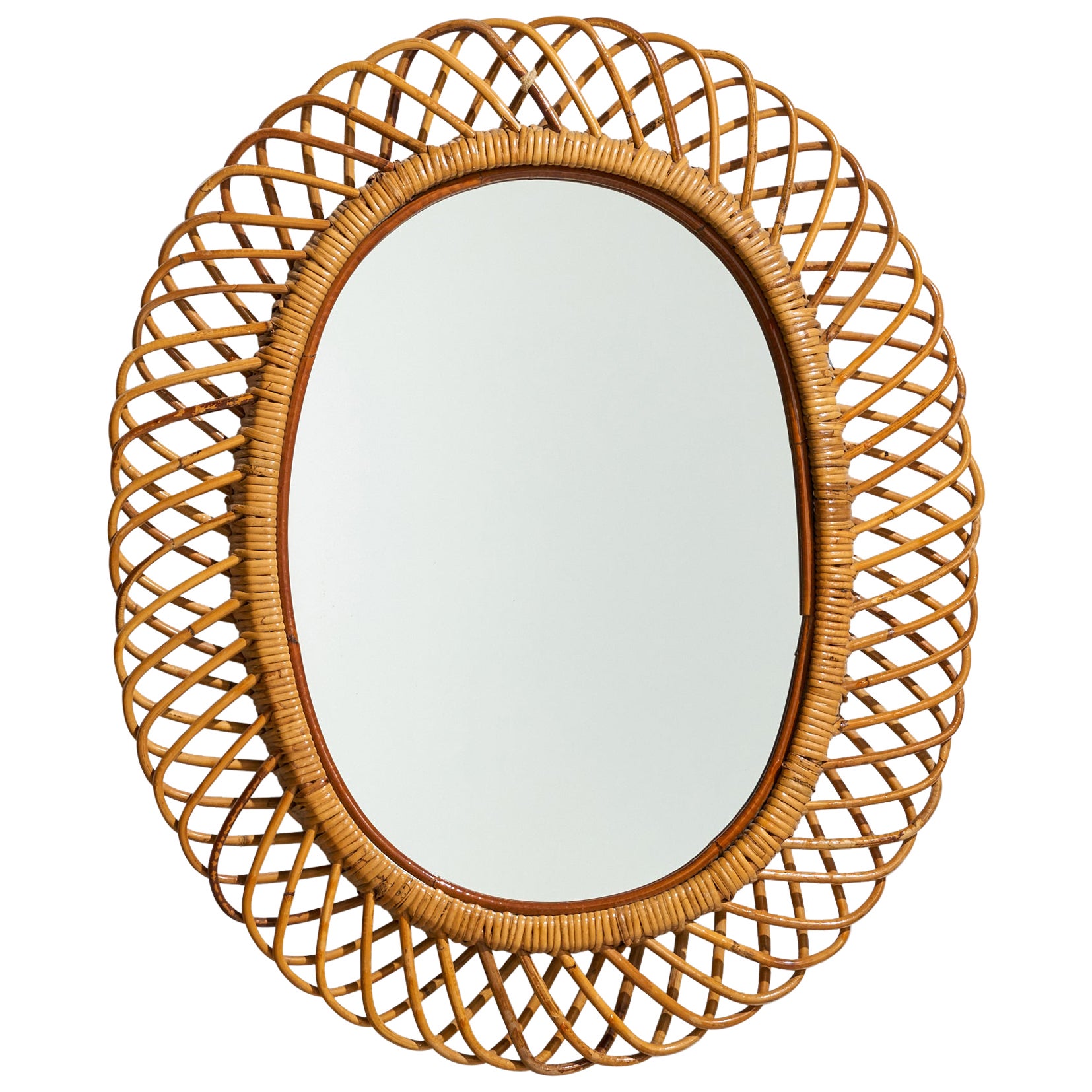 Italian Designer, Wall Mirror, Bamboo, Rattan, Mirror Glass, Italy, 1950s