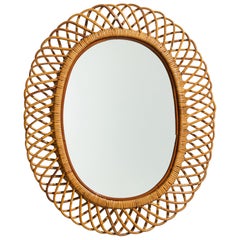 Italian Designer, Wall Mirror, Bamboo, Rattan, Mirror Glass, Italy, 1950s