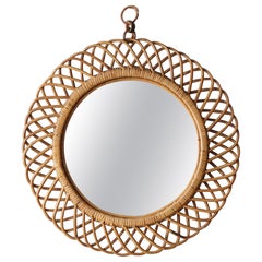 Vintage Italian Designer, Wall Mirror, Bamboo, Rattan, Mirror Glass, Italy, 1950s