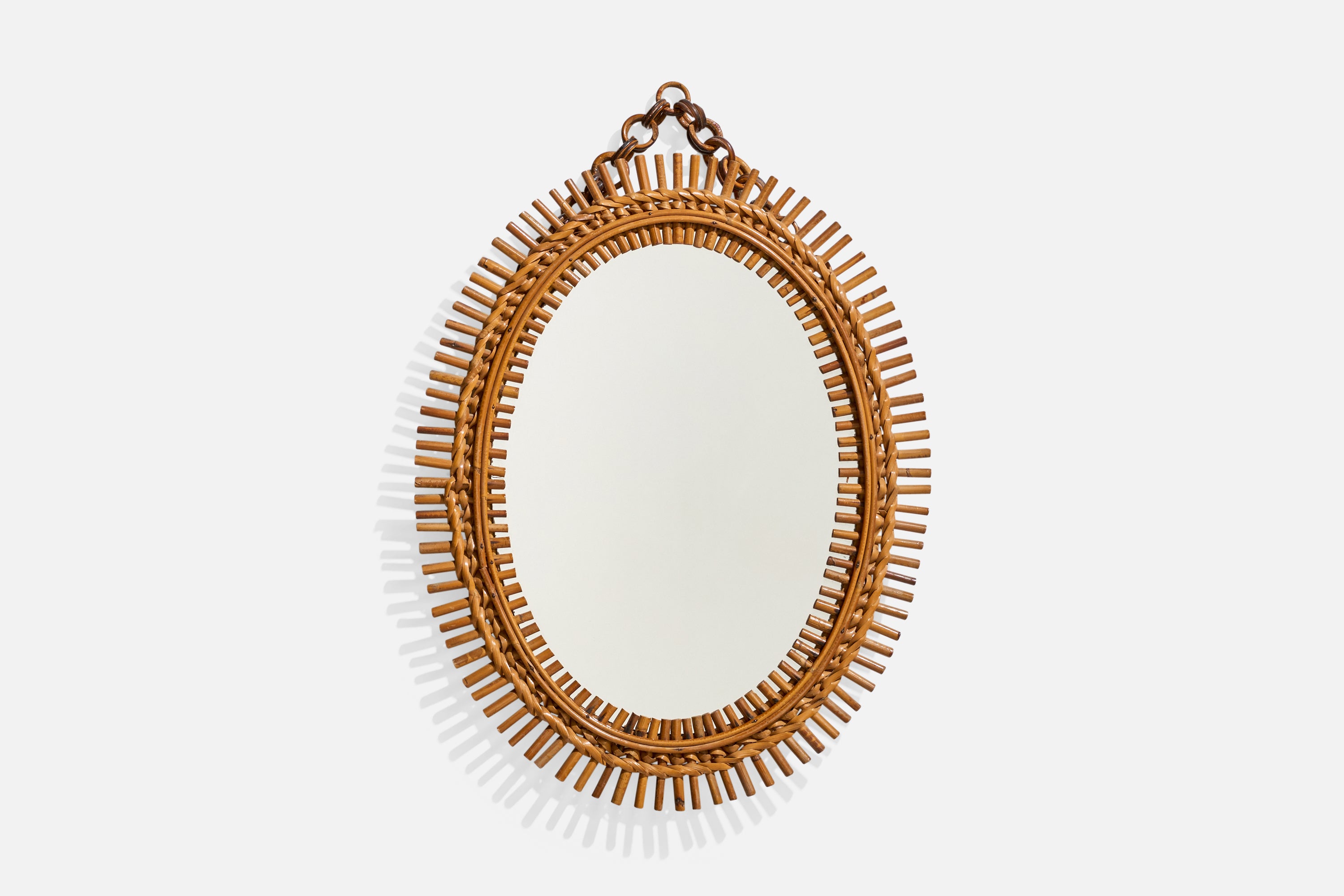 Specchio da parete di design italiano, bambù, rattan, vetro a specchio, Italia, anni '50