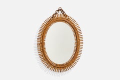 Italian Designer, Wall Mirror, Bamboo, Rattan, Mirror Glass, Italy, 1950s