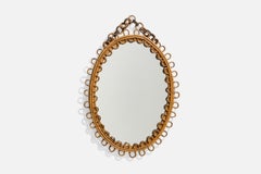Italian Designer, Wall Mirror, Bamboo, Rattan, Mirror Glass, Italy, 1950s