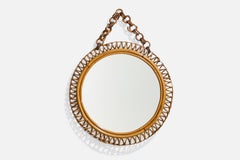 Italian Designer, Wall Mirror, Bamboo, Rattan, Mirror Glass, Italy, 1950s