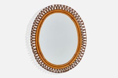 Italian Designer, Wall Mirror, Bamboo, Rattan, Mirror Glass, Italy, 1950s