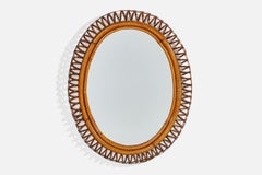 Vintage Italian Designer, Wall Mirror, Bamboo, Rattan, Mirror Glass, Italy, 1950s