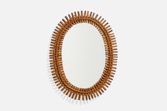 Italian Designer, Wall Mirror, Bamboo, Rattan, Mirror Glass, Italy, 1950s