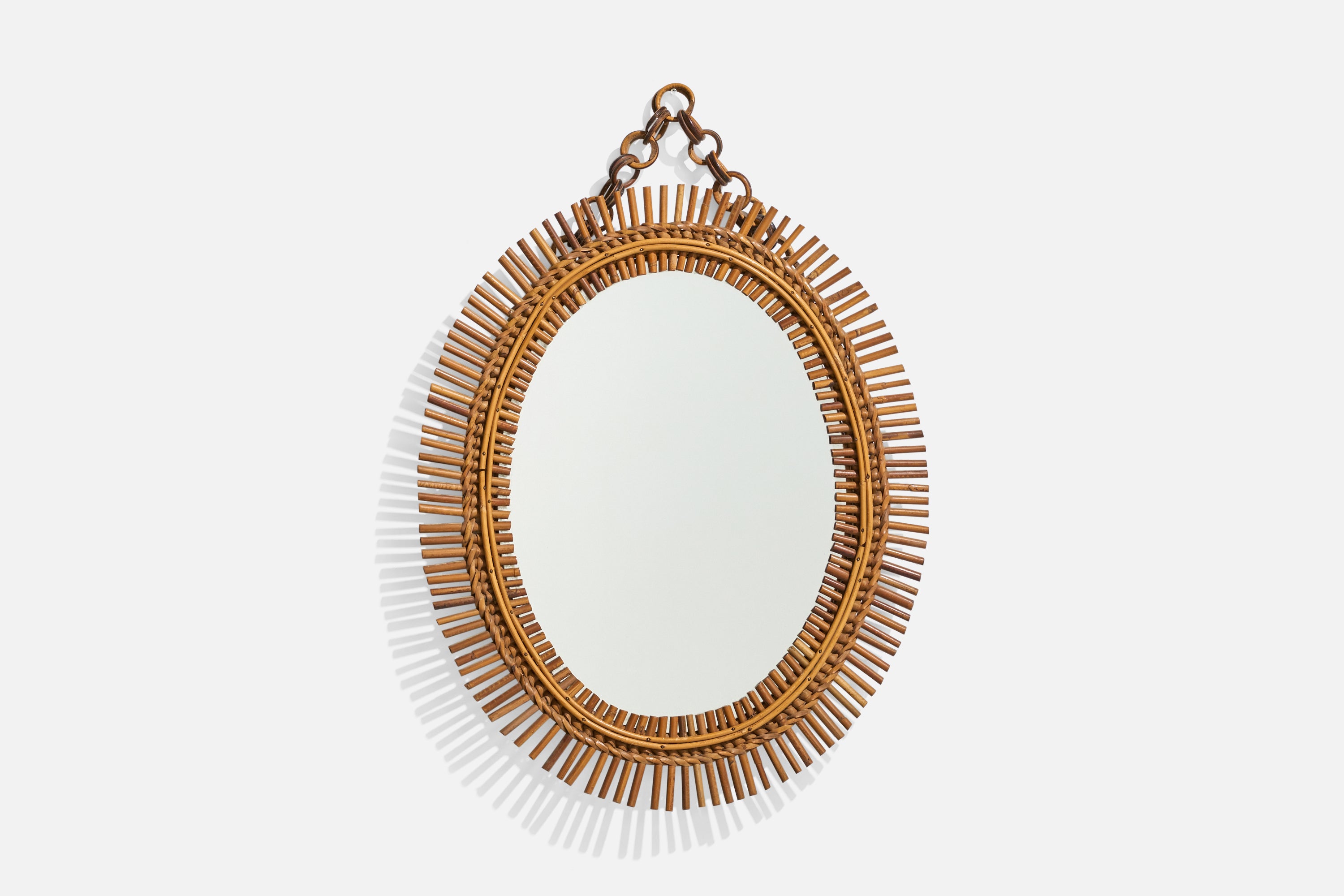 Italian Designer, Wall Mirror, Bamboo, Rattan, Mirror Glass, Italy, 1950s