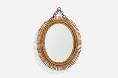 Italian Designer, Wall Mirror, Bamboo, Rattan, Mirror Glass, Italy, 1950s