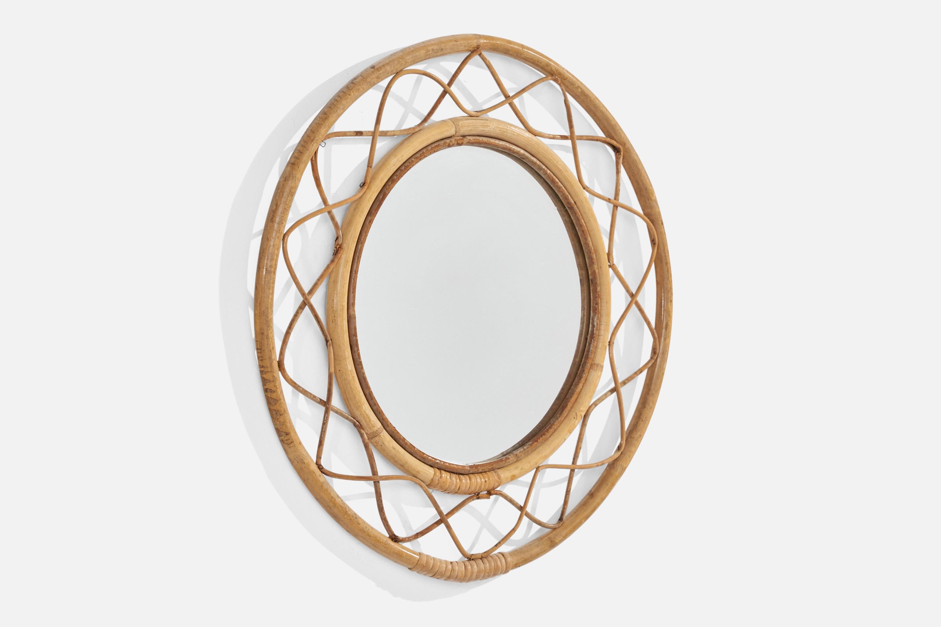 Mid-Century Modern Italian Designer, Wall Mirror, Bamboo, Rattan, Mirror, Italy, 1960s For Sale