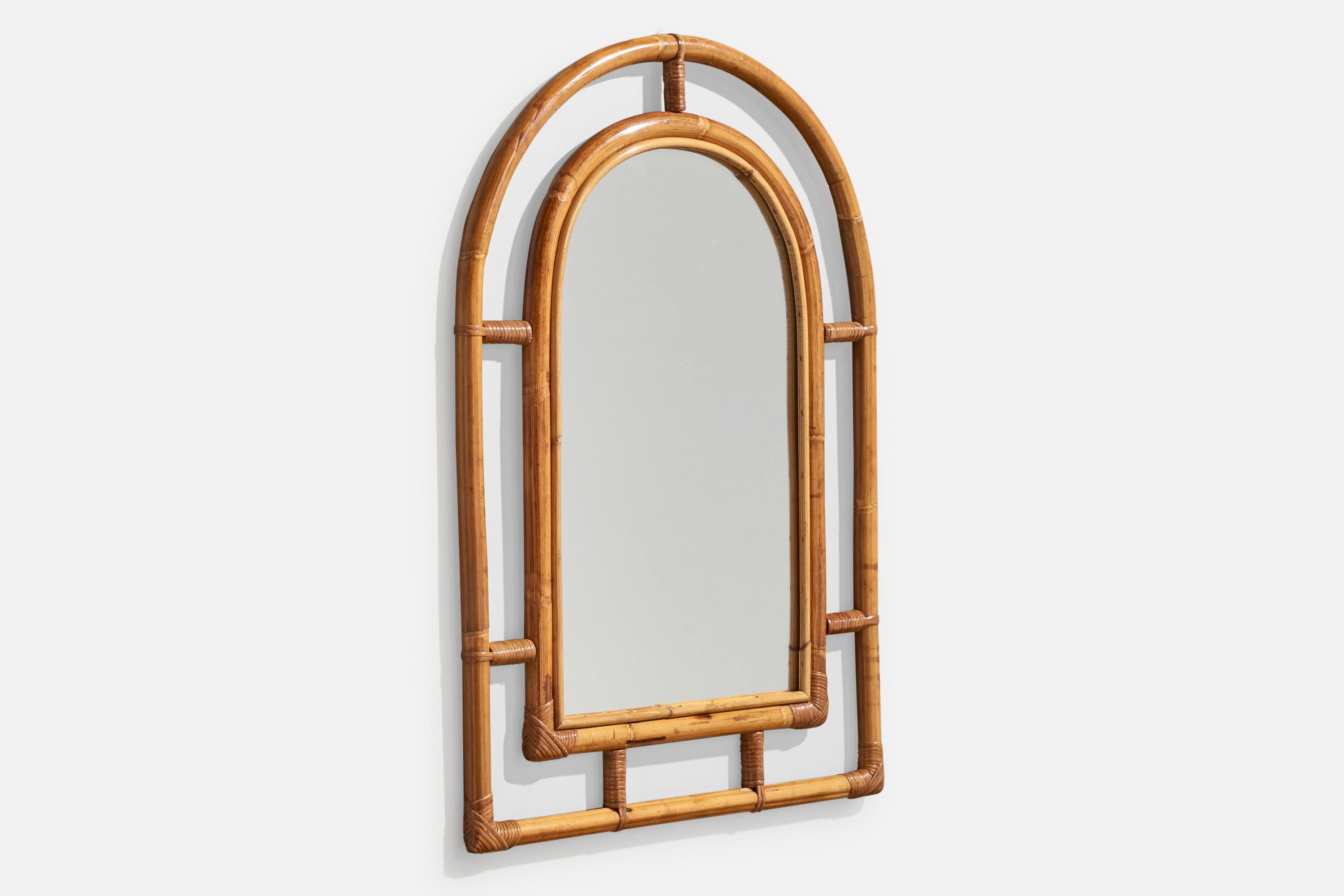 Mid-Century Modern Italian Designer, Wall Mirror, Bamboo, Rattan, Mirror, Italy, 1960s For Sale