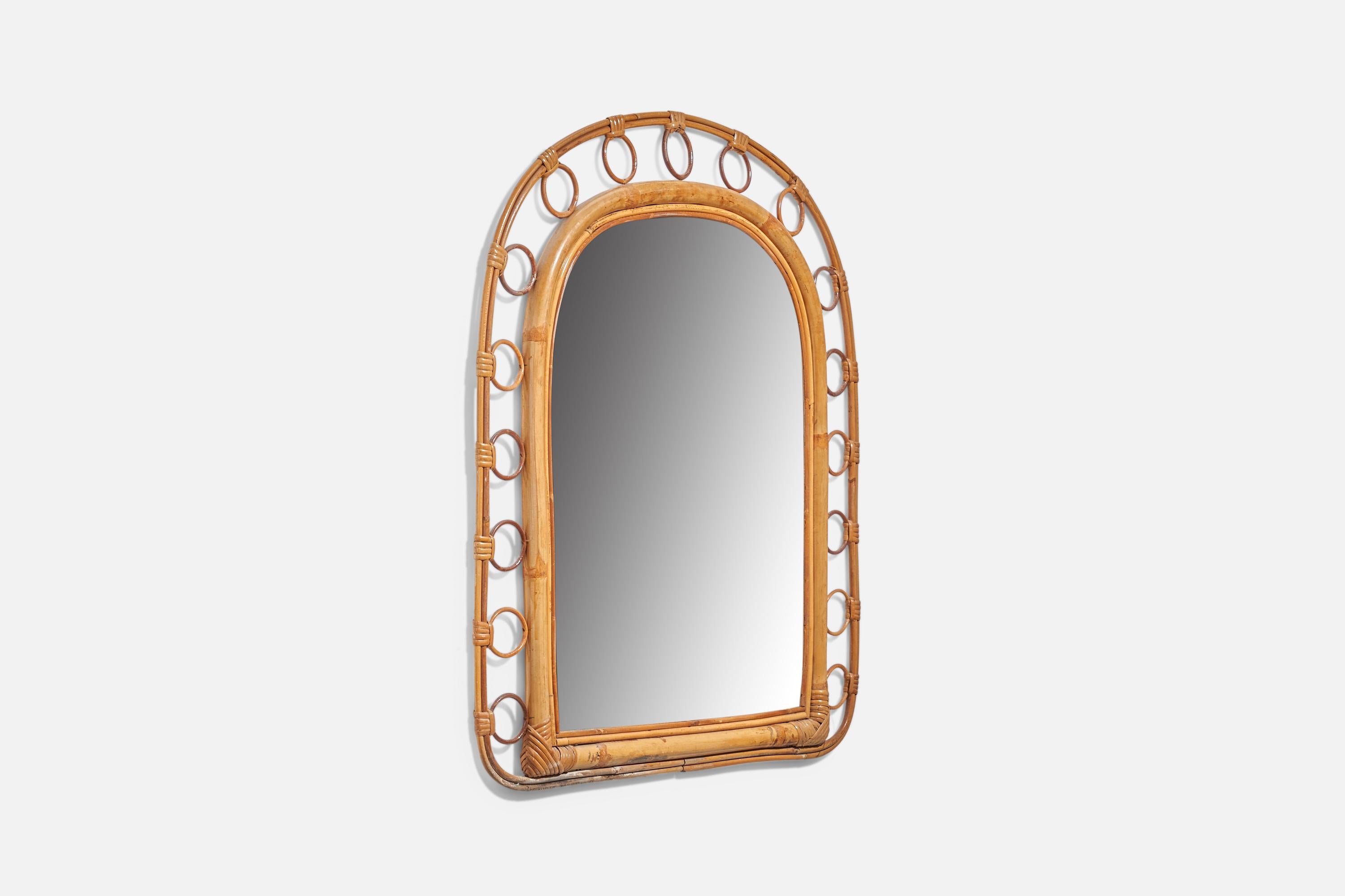 Mid-Century Modern Italian Designer, Wall Mirror, Bamboo, Rattan, Mirror, Italy, 1960s For Sale