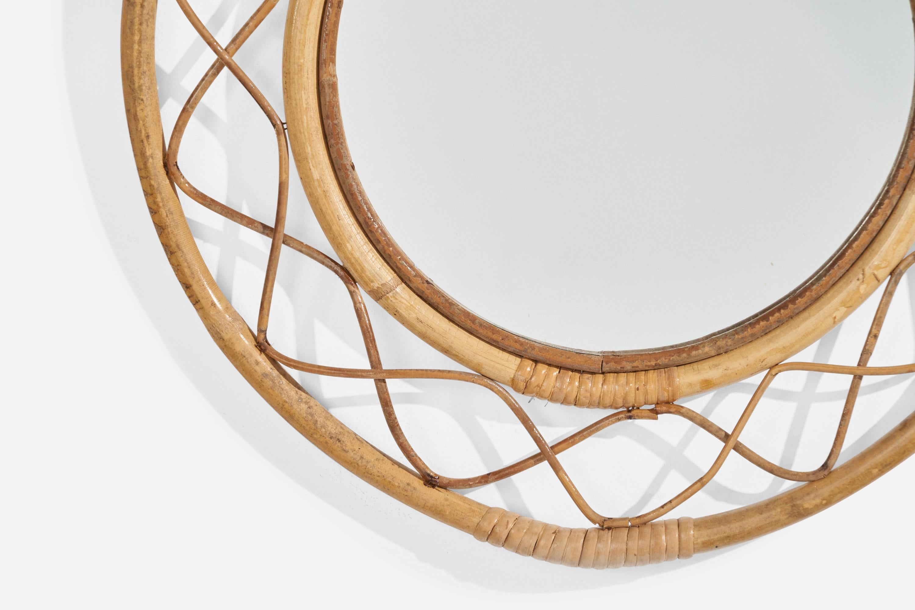 Italian Designer, Wall Mirror, Bamboo, Rattan, Mirror, Italy, 1960s For Sale 1