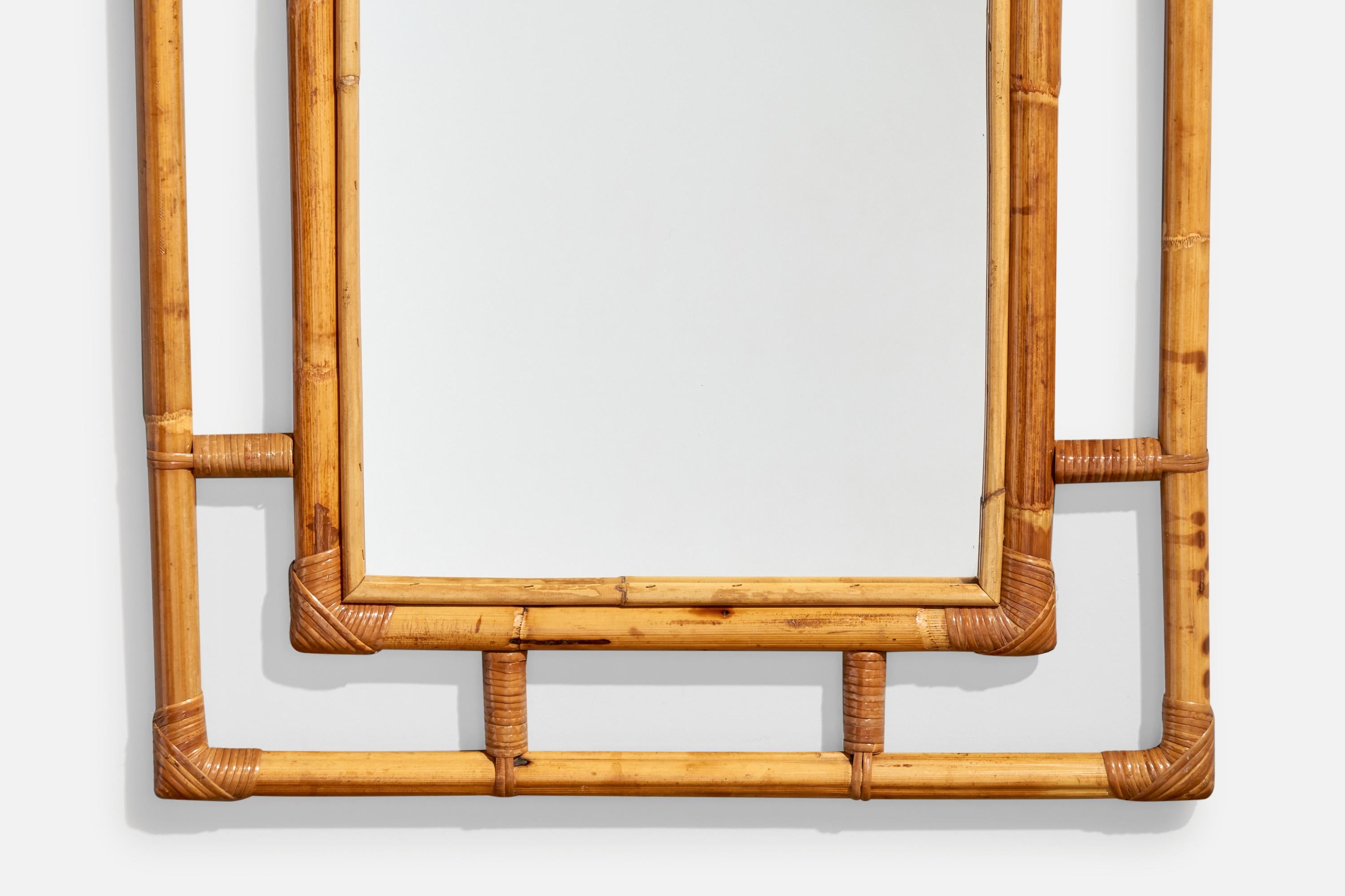 Italian Designer, Wall Mirror, Bamboo, Rattan, Mirror, Italy, 1960s For Sale 1
