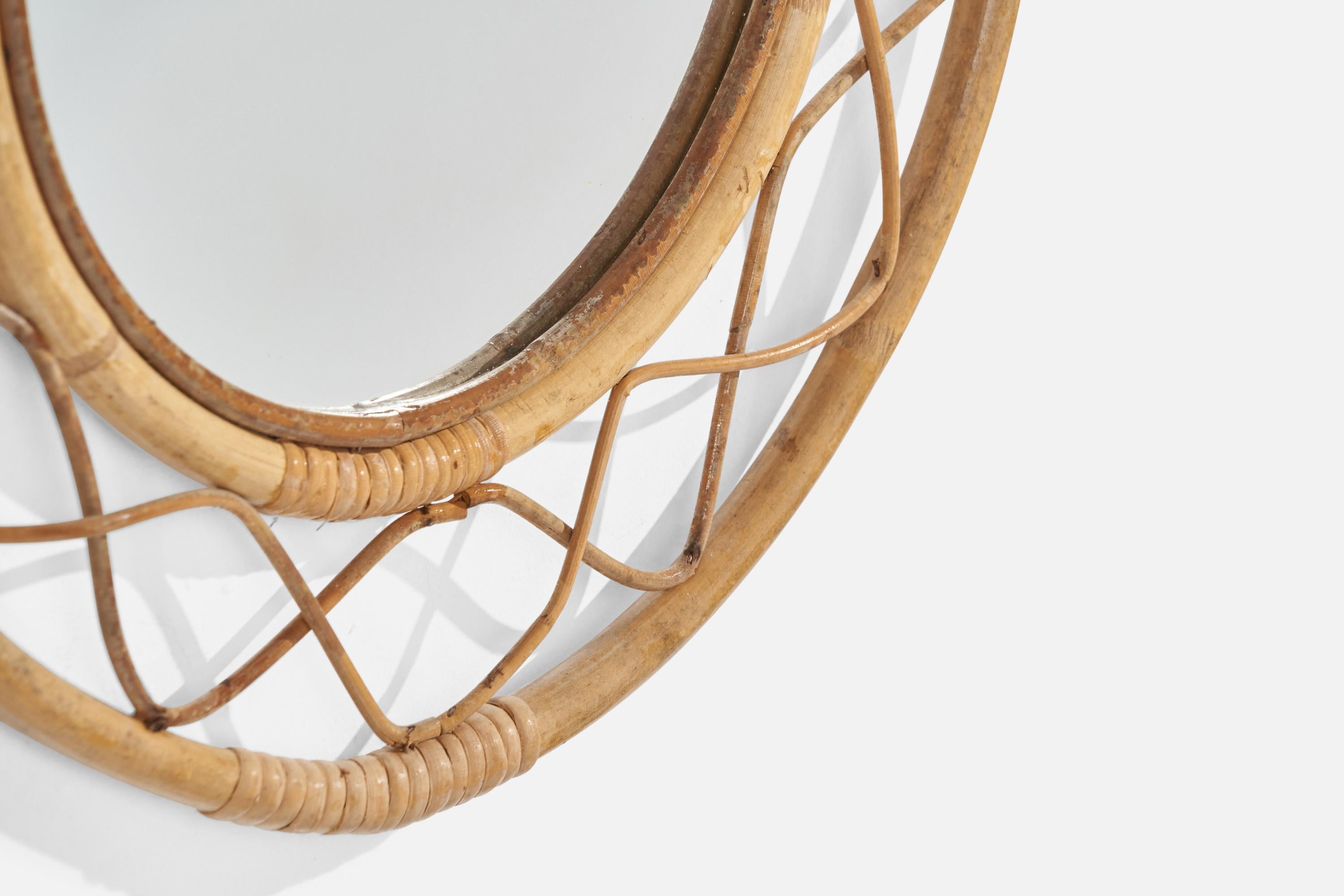Italian Designer, Wall Mirror, Bamboo, Rattan, Mirror, Italy, 1960s For Sale 2