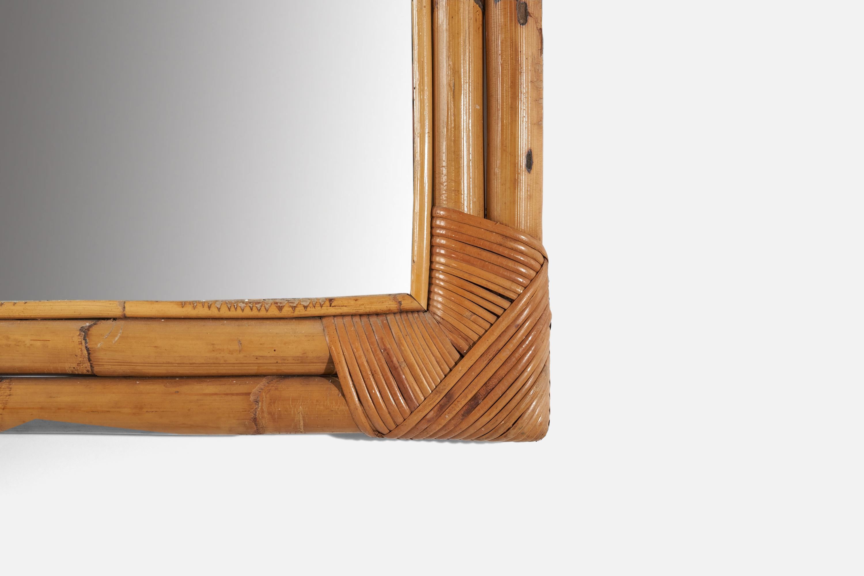 Mid-Century Modern Italian Designer, Wall Mirror, Bamboo, Rattan, Mirror, Italy, C. 1950s For Sale
