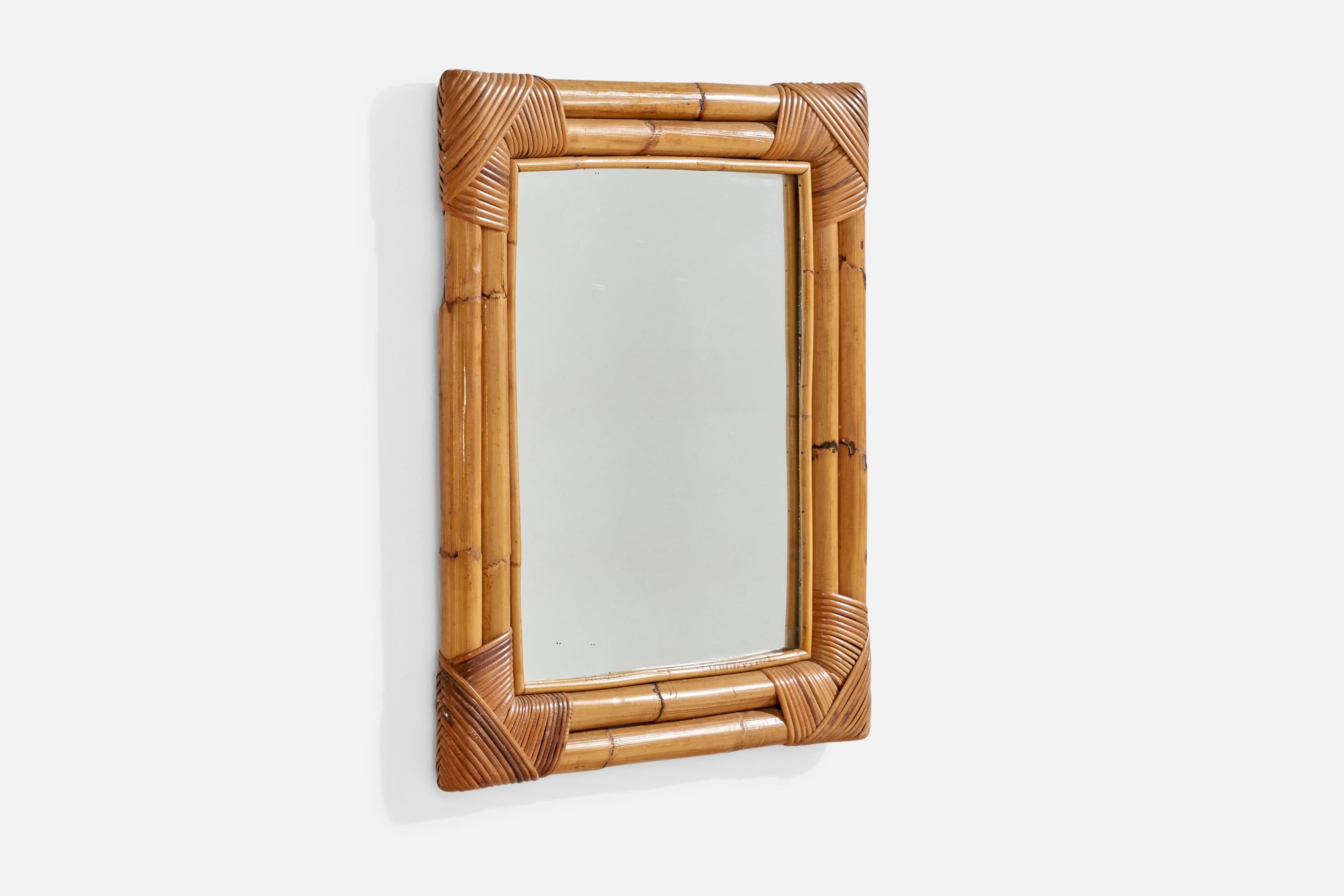 Mid-Century Modern Italian Designer, Wall Mirror, Bamboo, Rattan, Mirror, Italy, C. 1950s For Sale