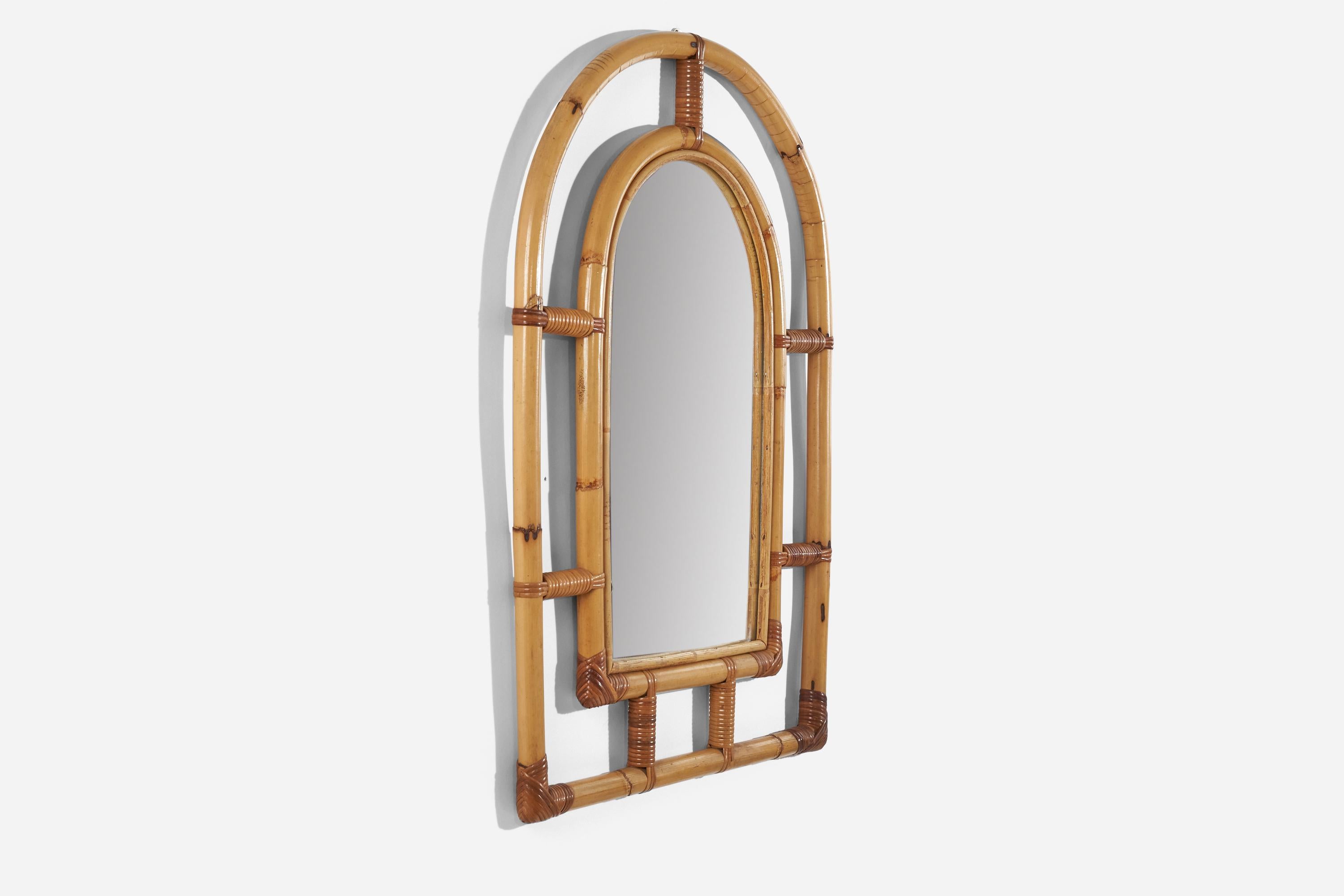 Mid-Century Modern Italian Designer, Wall Mirror, Bamboo, Rattan, Mirror, Italy, c. 1950s For Sale