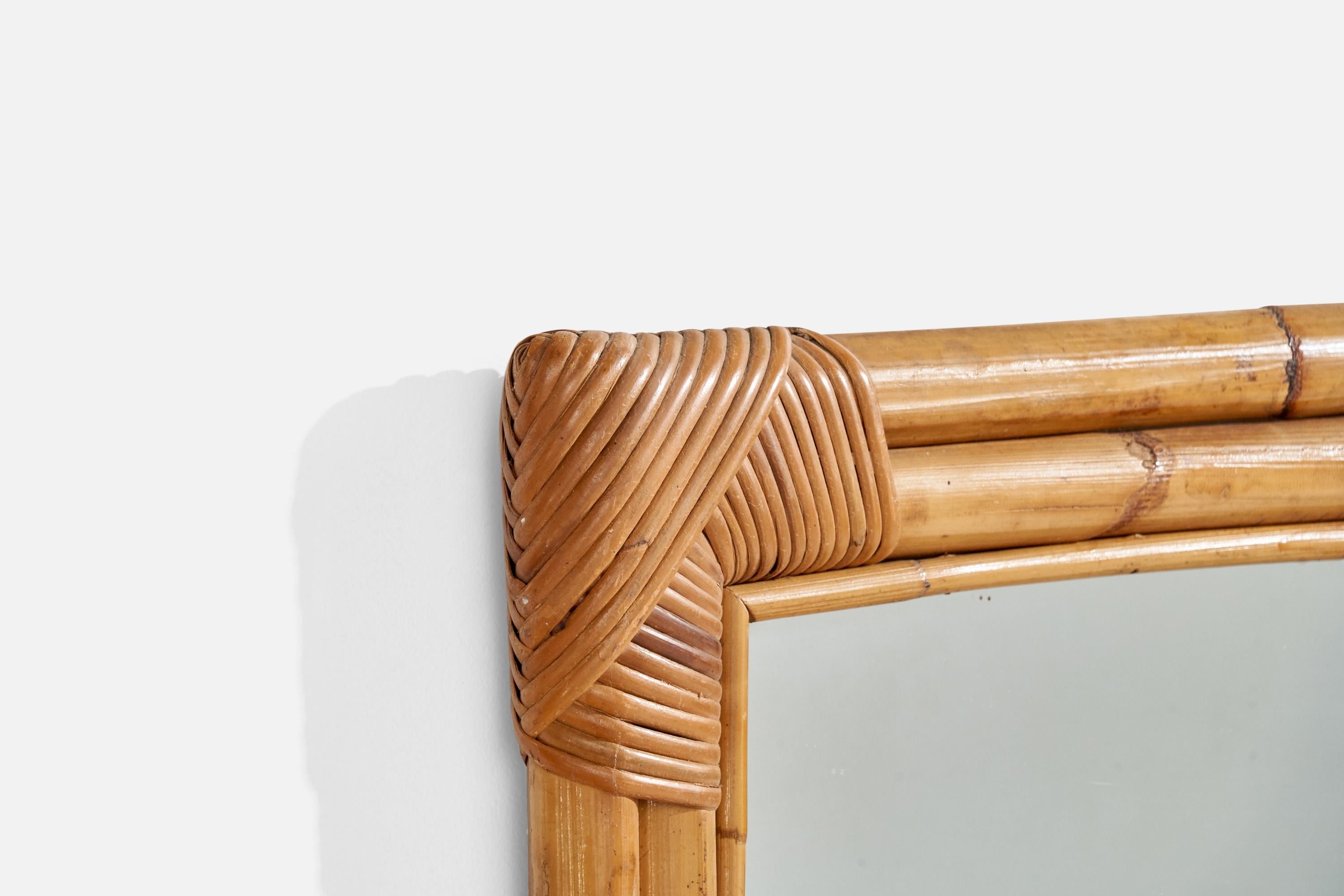 Italian Designer, Wall Mirror, Bamboo, Rattan, Mirror, Italy, C. 1950s For Sale 1