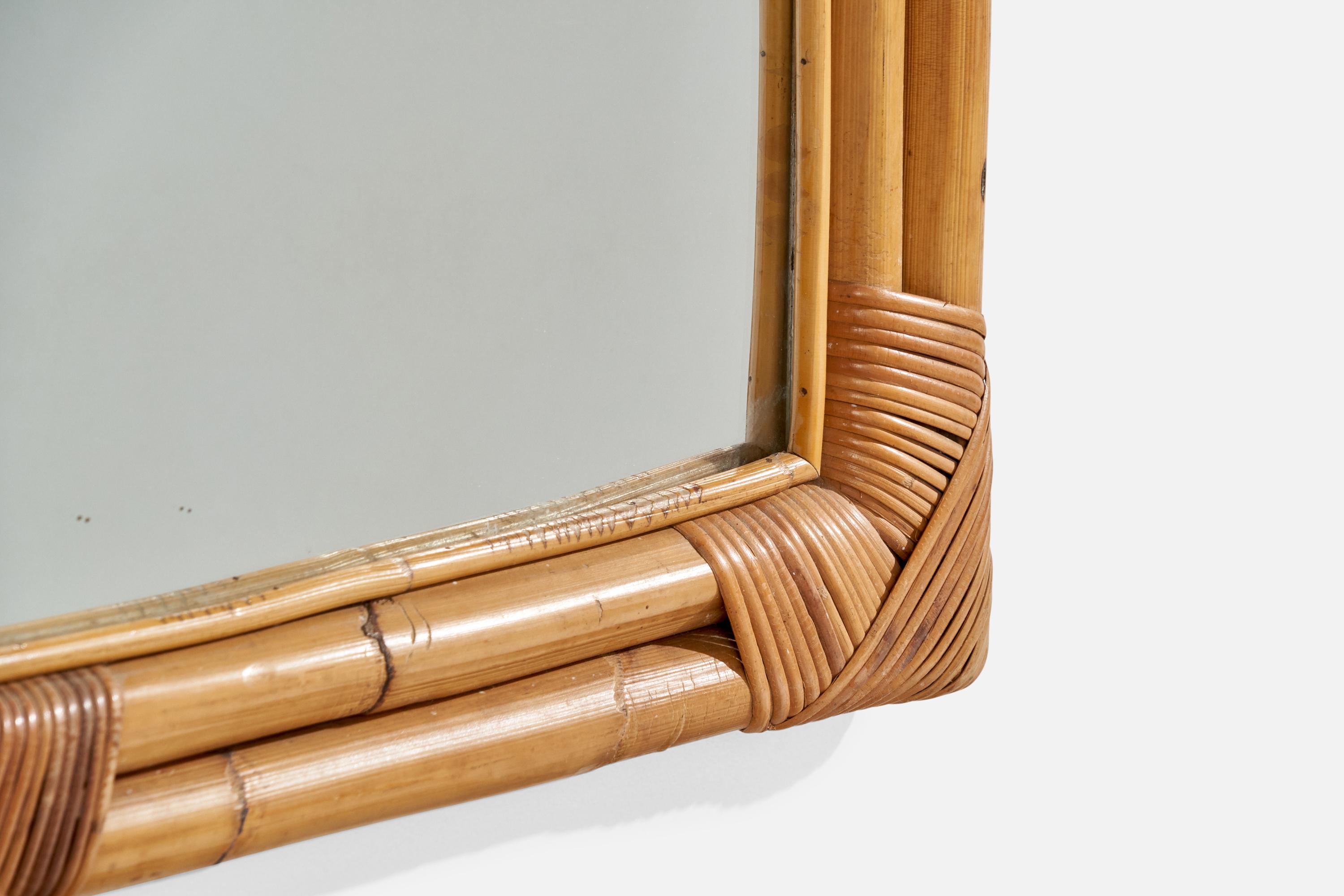 Italian Designer, Wall Mirror, Bamboo, Rattan, Mirror, Italy, C. 1950s For Sale 2