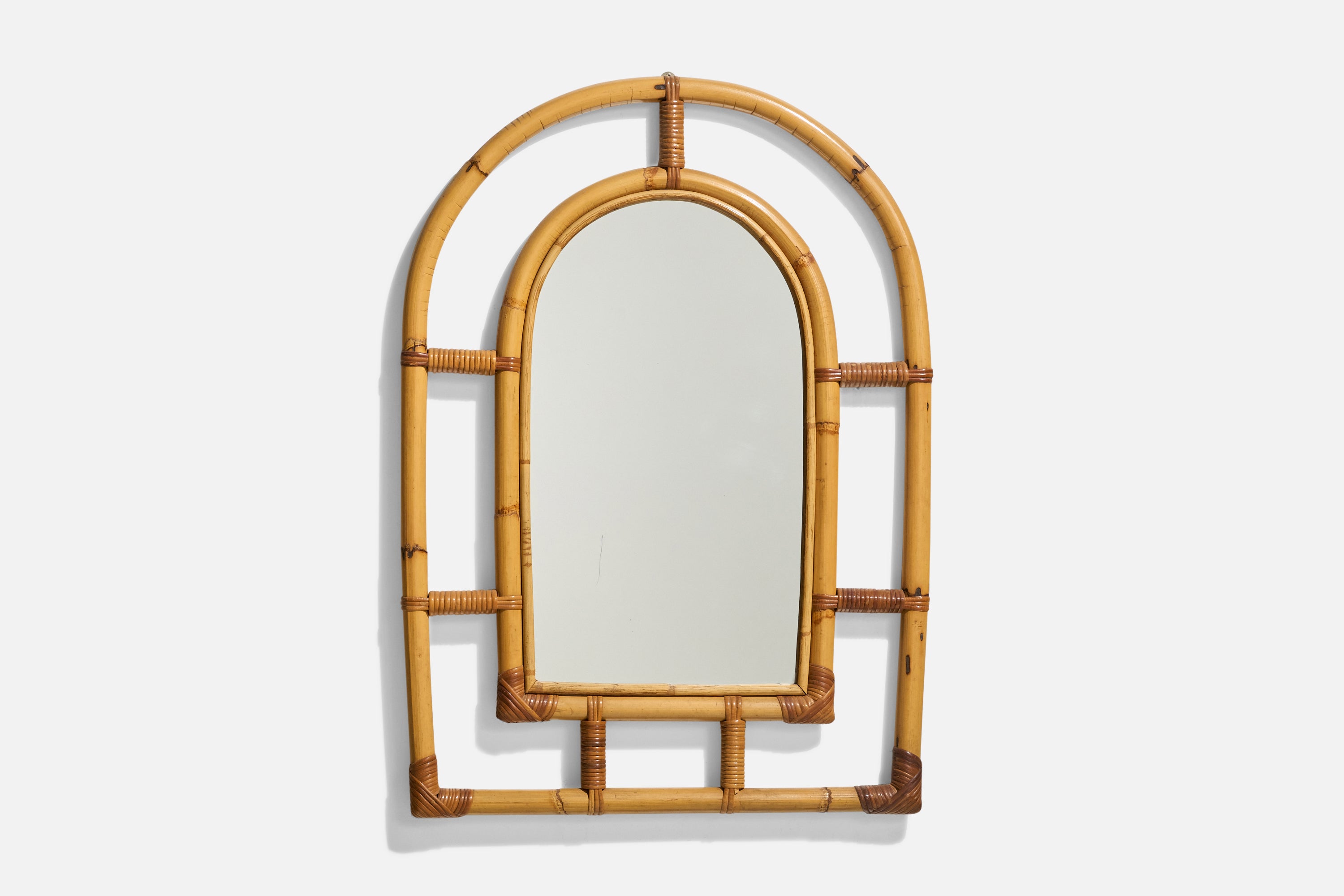 Diseñador italiano, Espejo de pared, Bambú, Ratán, Espejo, Italia, c. 1950