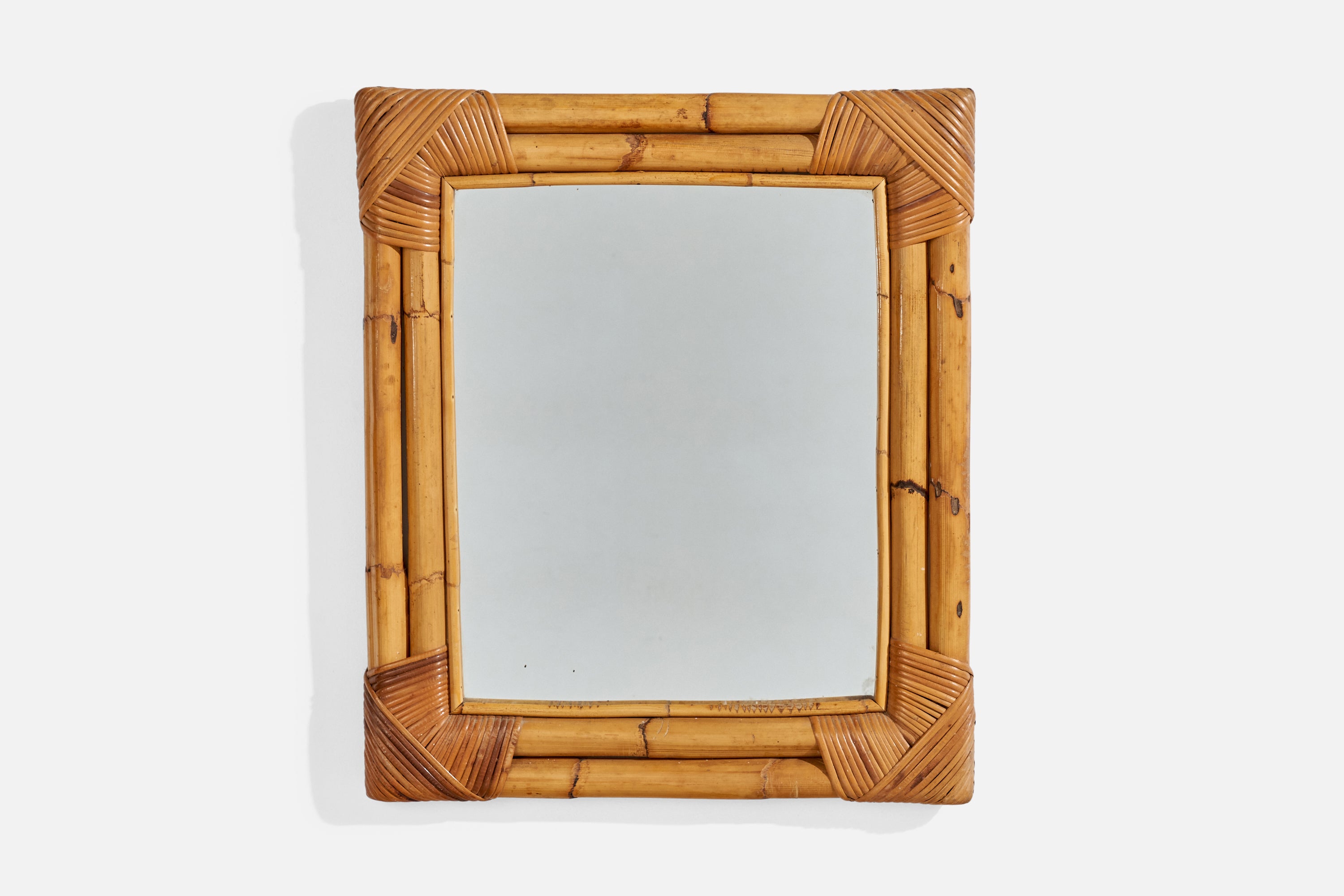 Italian Designer, Wall Mirror, Bamboo, Rattan, Mirror, Italy, C. 1950s For Sale