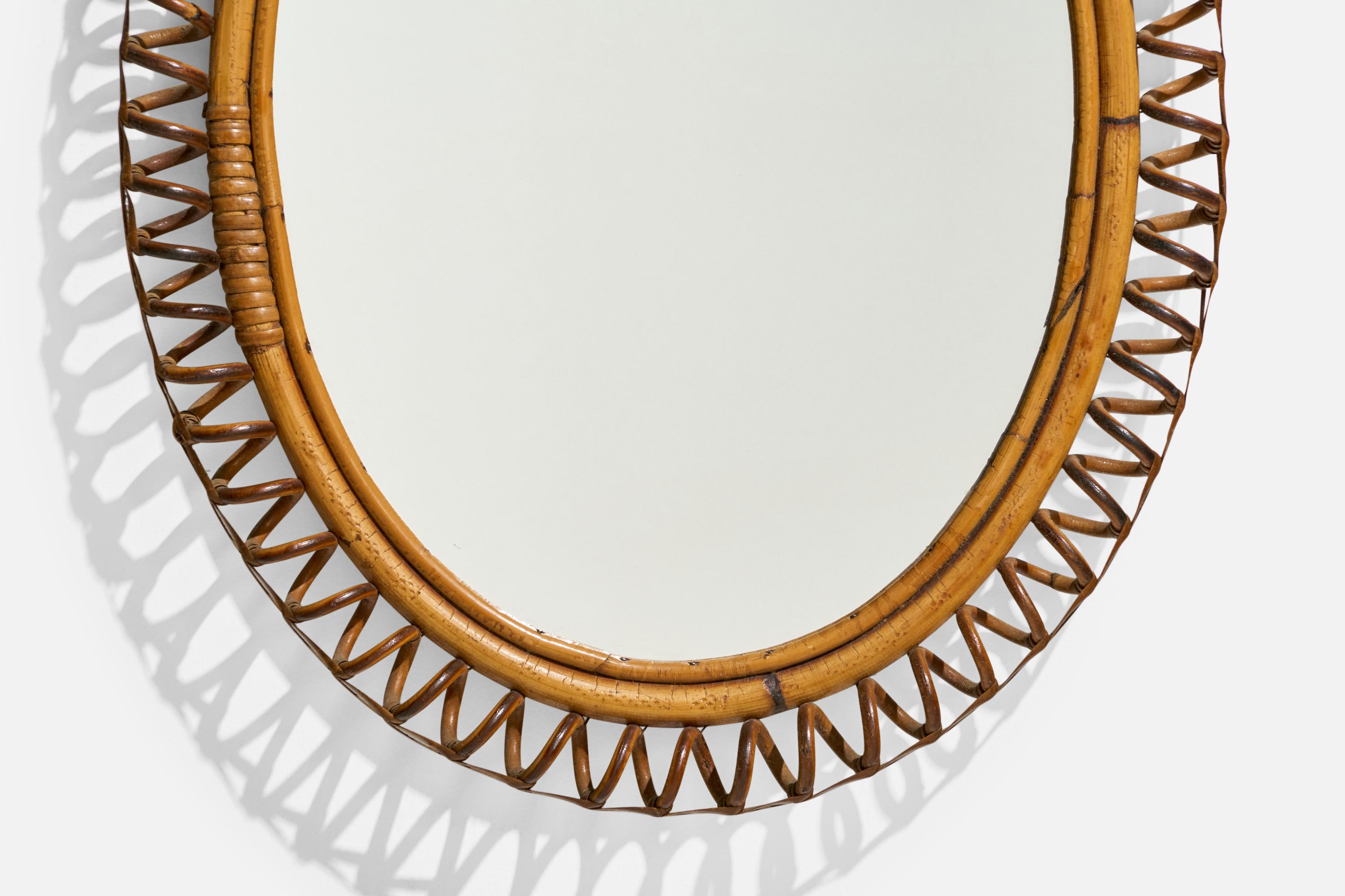 Specchio da parete di design italiano, bambù, rattan, Svezia, anni '50 in vendita 1