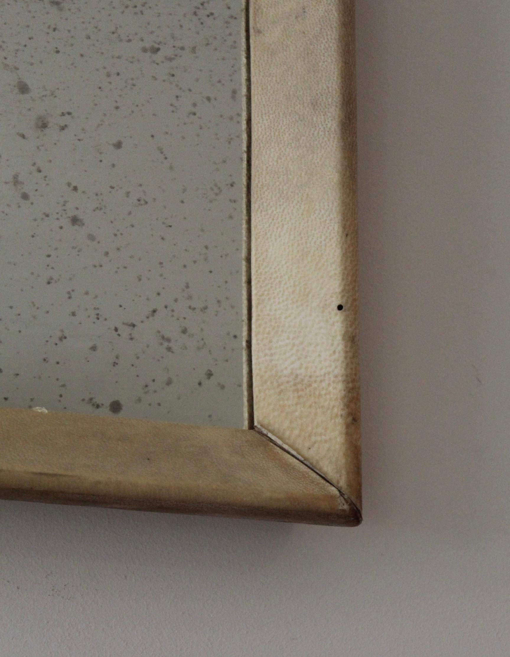Modern Italian Designer, Wall Mirror, Beige-Painted Leather, Wood, Italy, 1930s For Sale