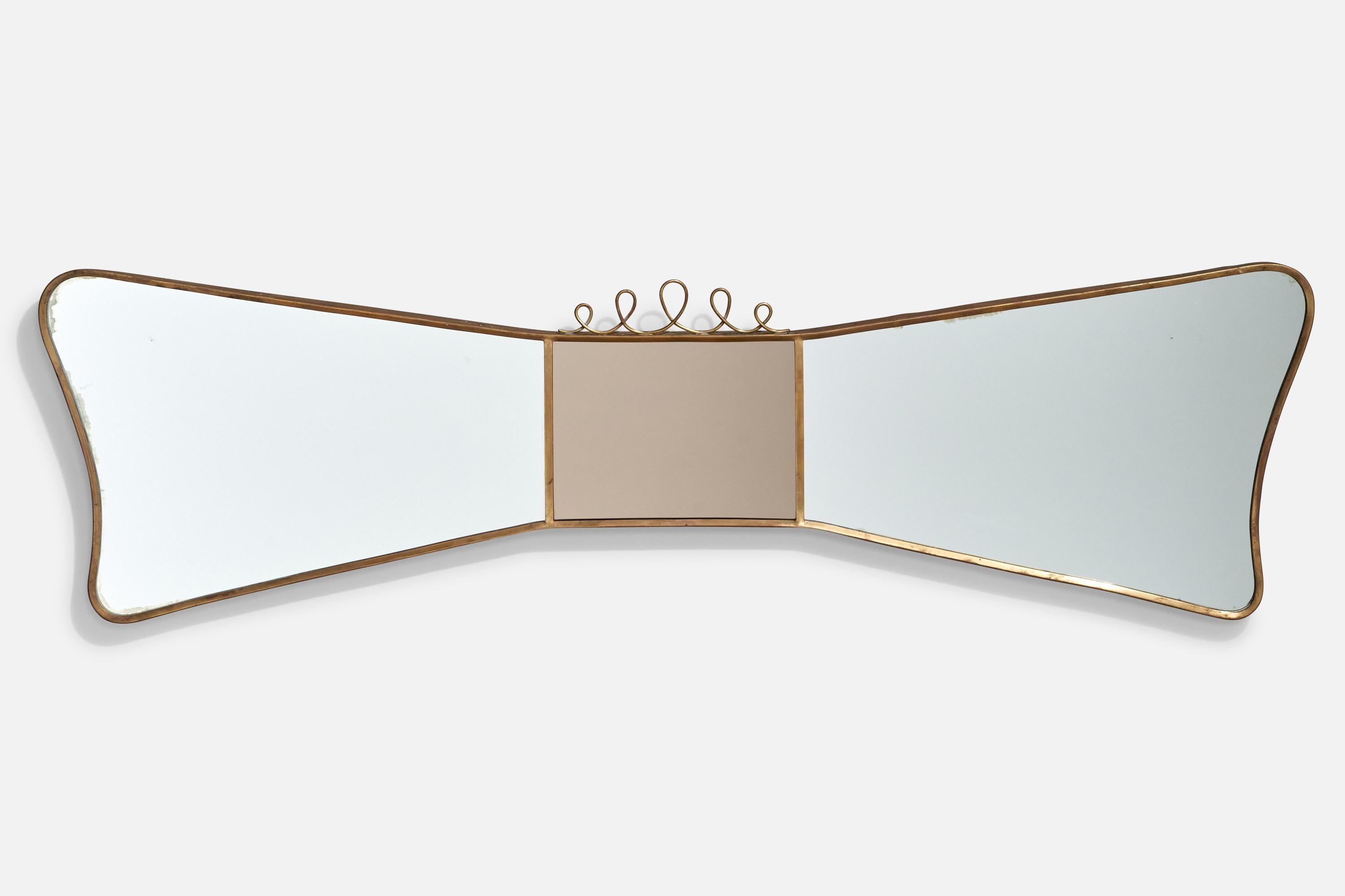 A brass wall mirror designed and produced in Italy, 1940s.

Please note that middle mirror inlay is tinted mirror glass.