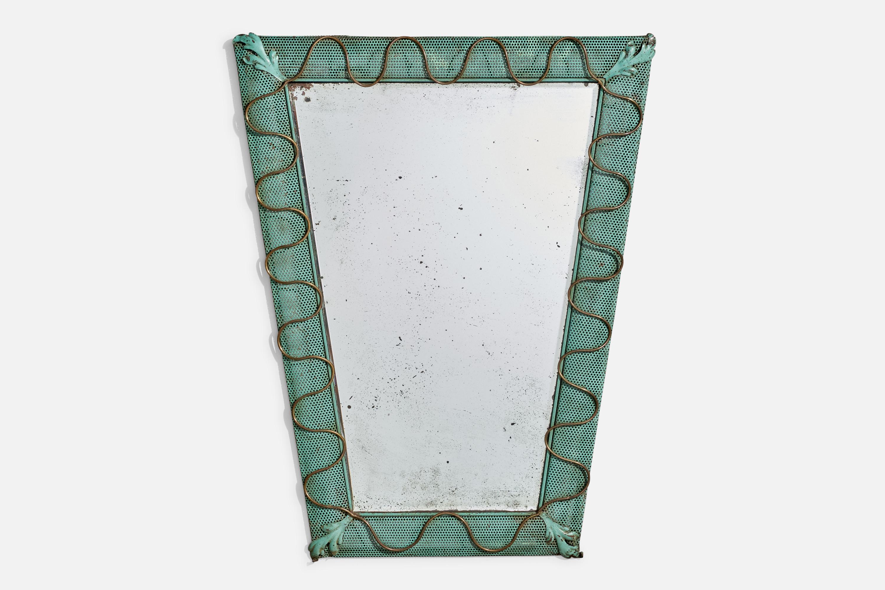 Espejo de pared de metal y latón pintado de verde, diseñado y fabricado en Italia, c. 1930.

