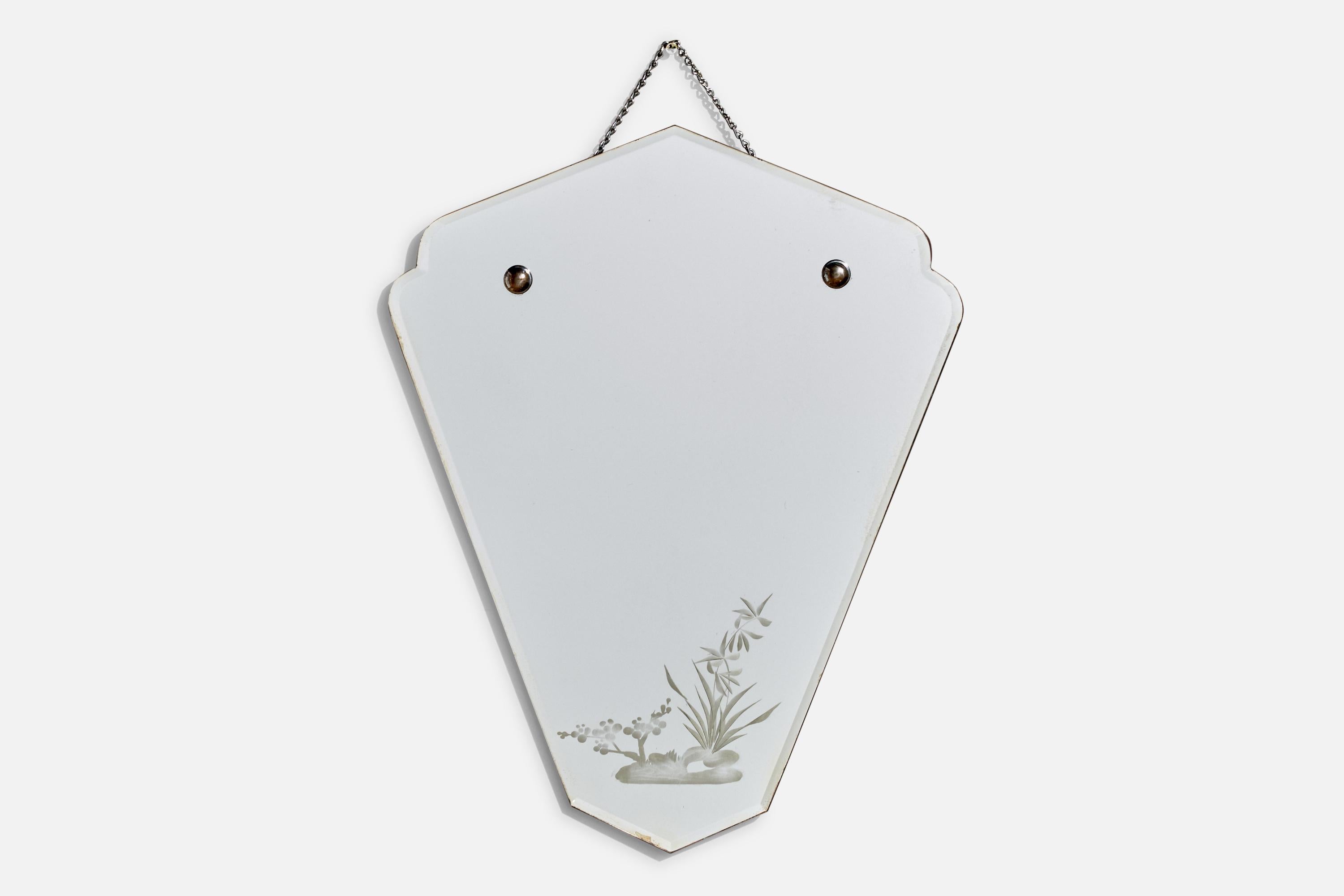 An etched glass, brass and metal wall mirror designed and produced in Italy, c. 1940s.

