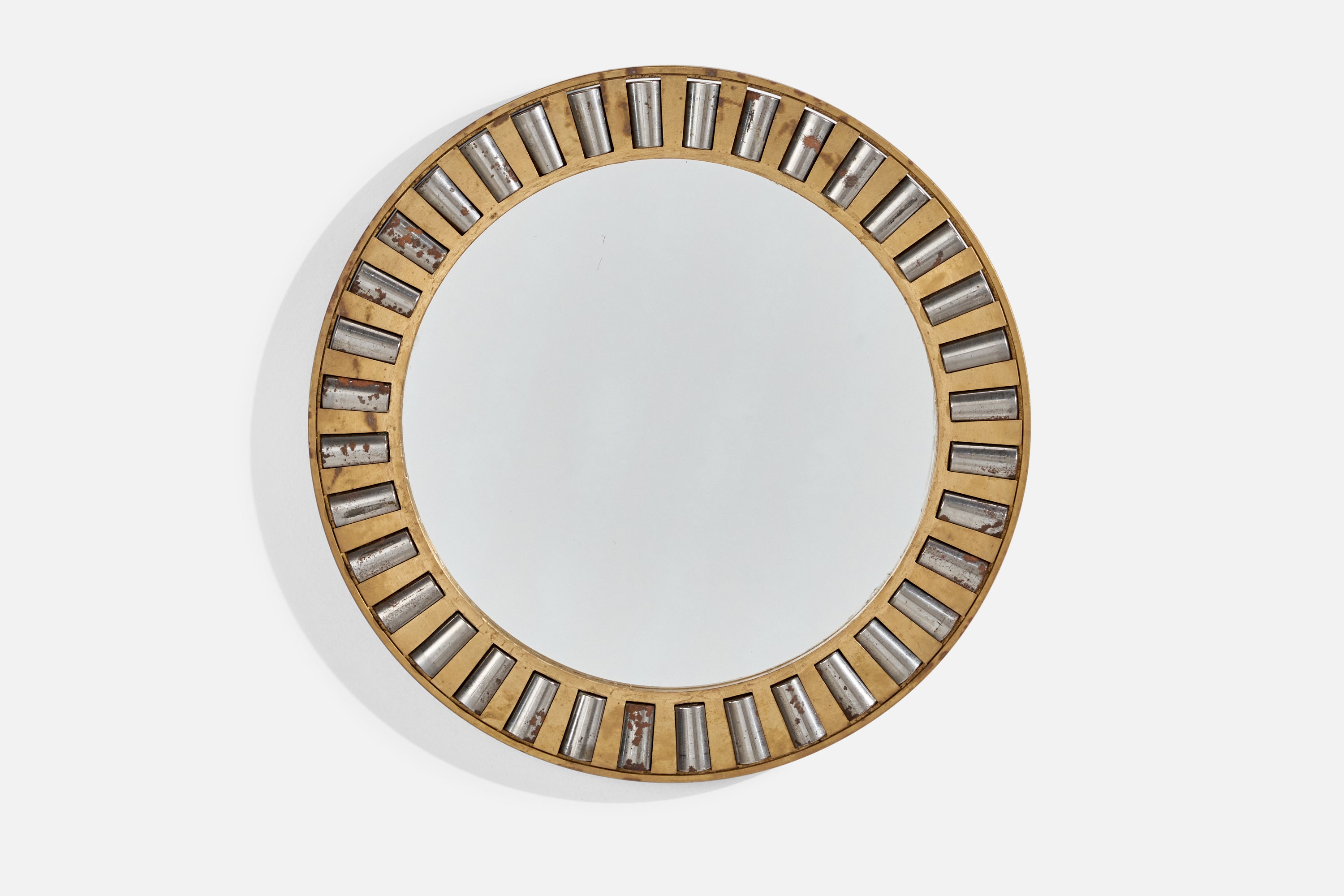 Italienischer Designer, Wandspiegel, Messing, Metall, Spiegelglas, Italien, ca. 1940er Jahre