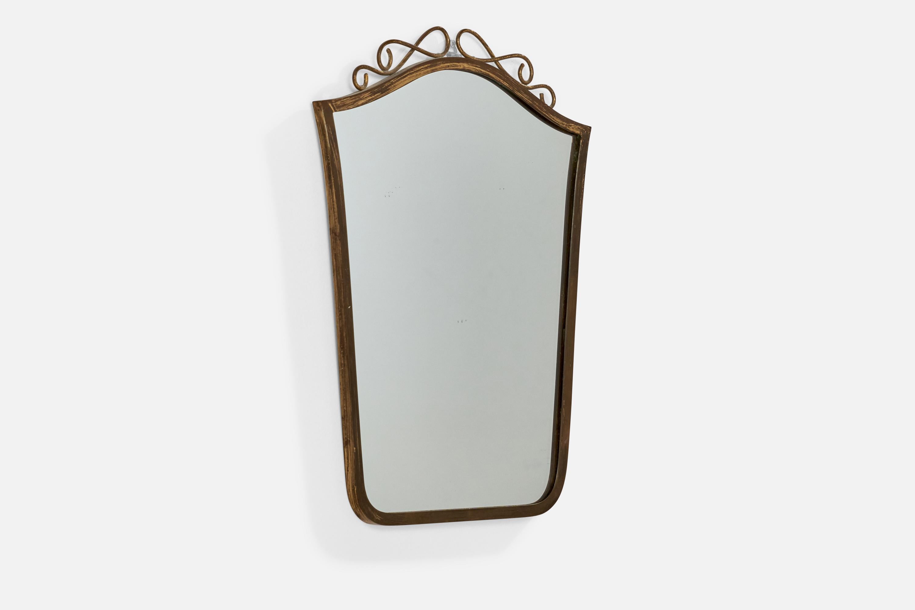 Mid-Century Modern Italian Designer, Wall Mirror, Brass, Mirror Glass, Italy, 1940s For Sale