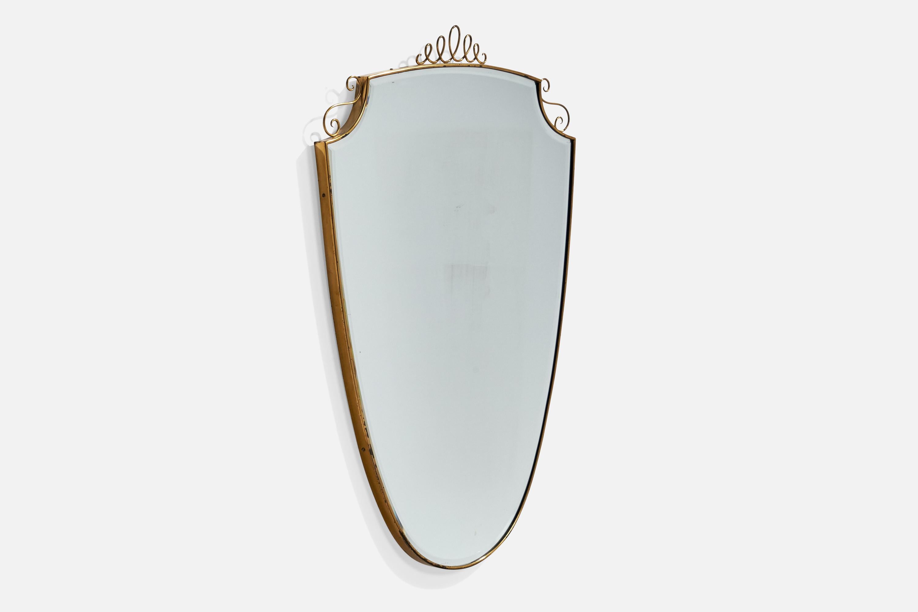 Mid-Century Modern Italian Designer, Wall Mirror, Brass, Mirror Glass, Italy, c. 1940s