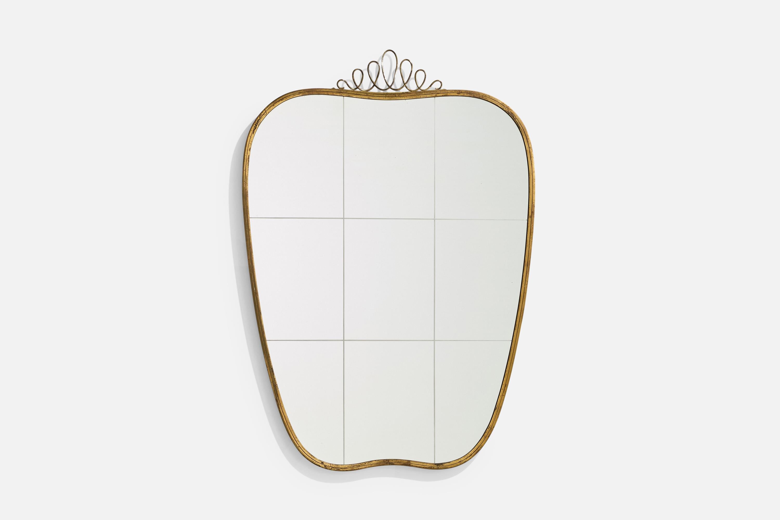 Mid-Century Modern Italian Designer, Wall Mirror, Brass, Mirror Glass, Italy, c. 1940s For Sale