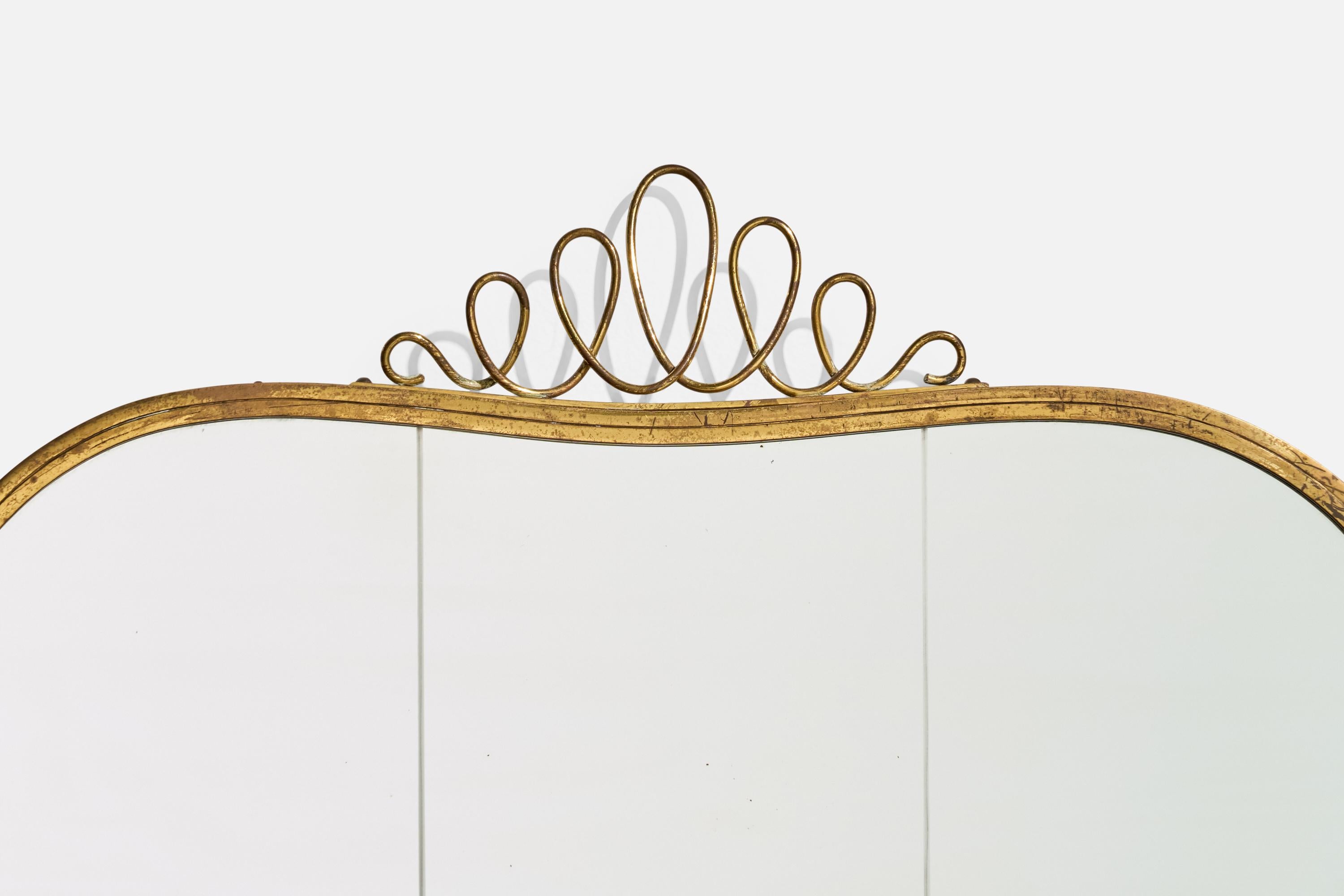 Italian Designer, Wall Mirror, Brass, Mirror Glass, Italy, c. 1940s For Sale 1
