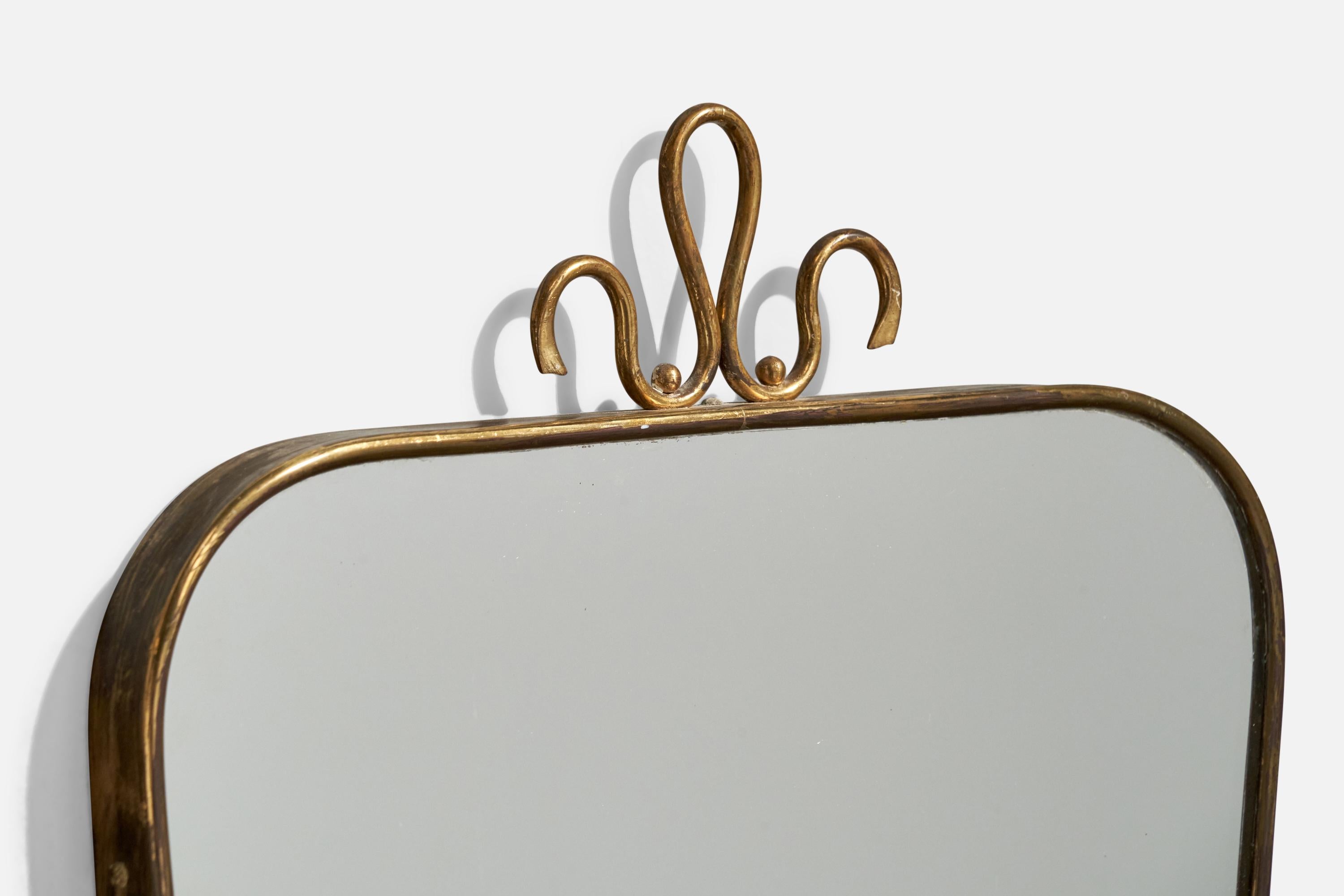 Mid-Century Modern Italian Designer, Wall Mirror, Brass, Mirror, Italy, 1940s For Sale