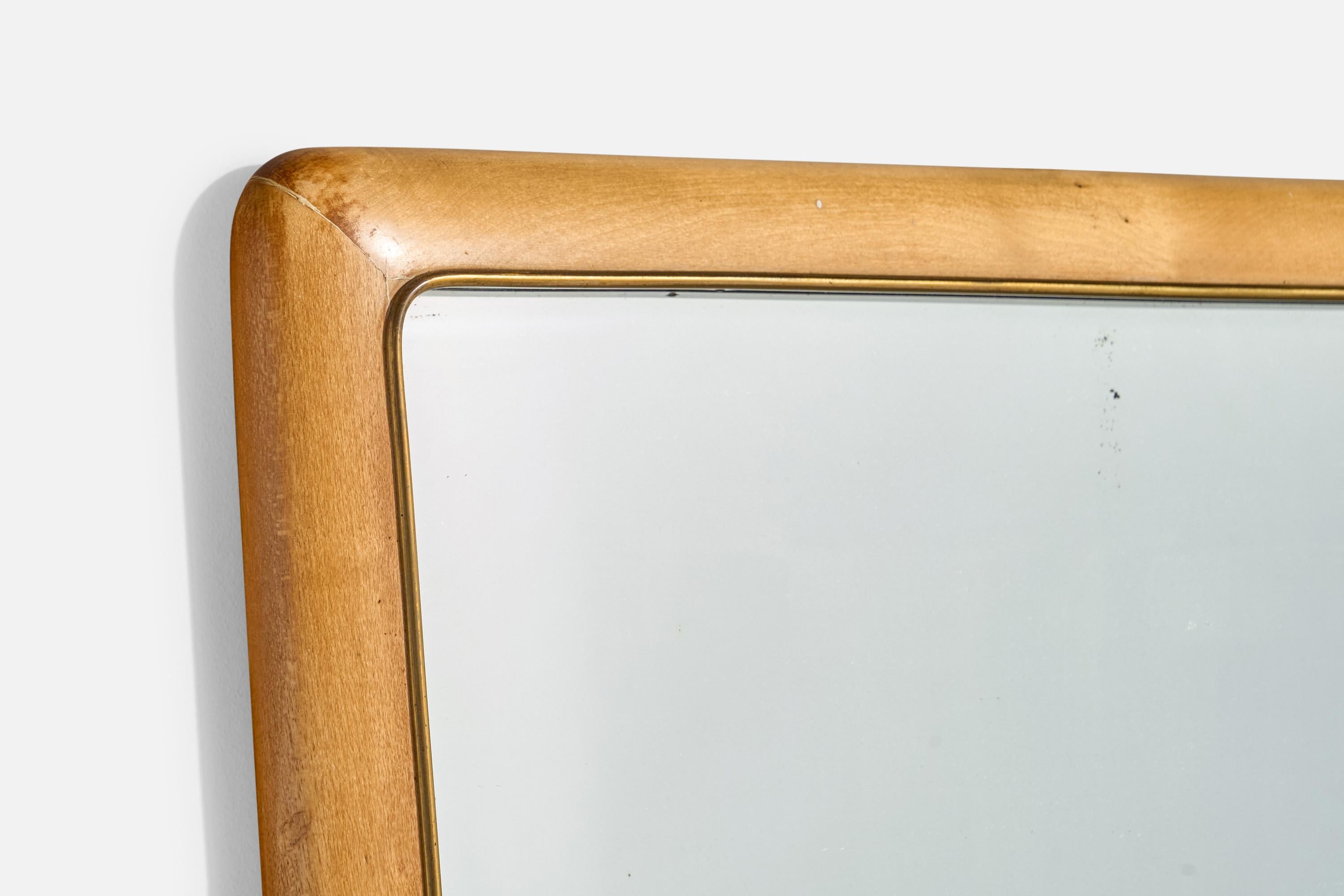 Mid-20th Century Italian Designer, Wall Mirror, Brass, Wood, Italy, 1950s For Sale